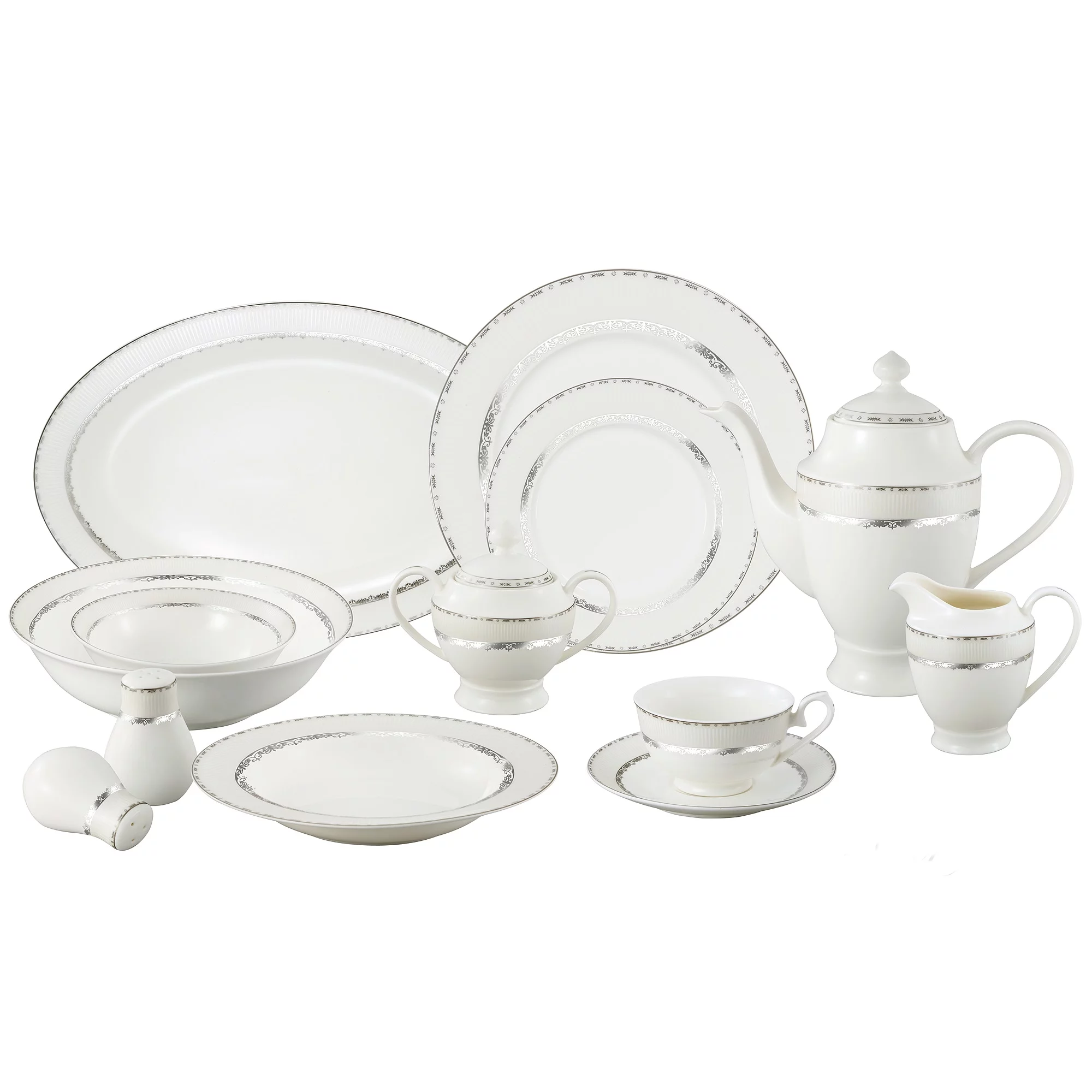 Lorren Home Trend  La Luna Bone China 57-piece Silver Embossed Dinnerware Set