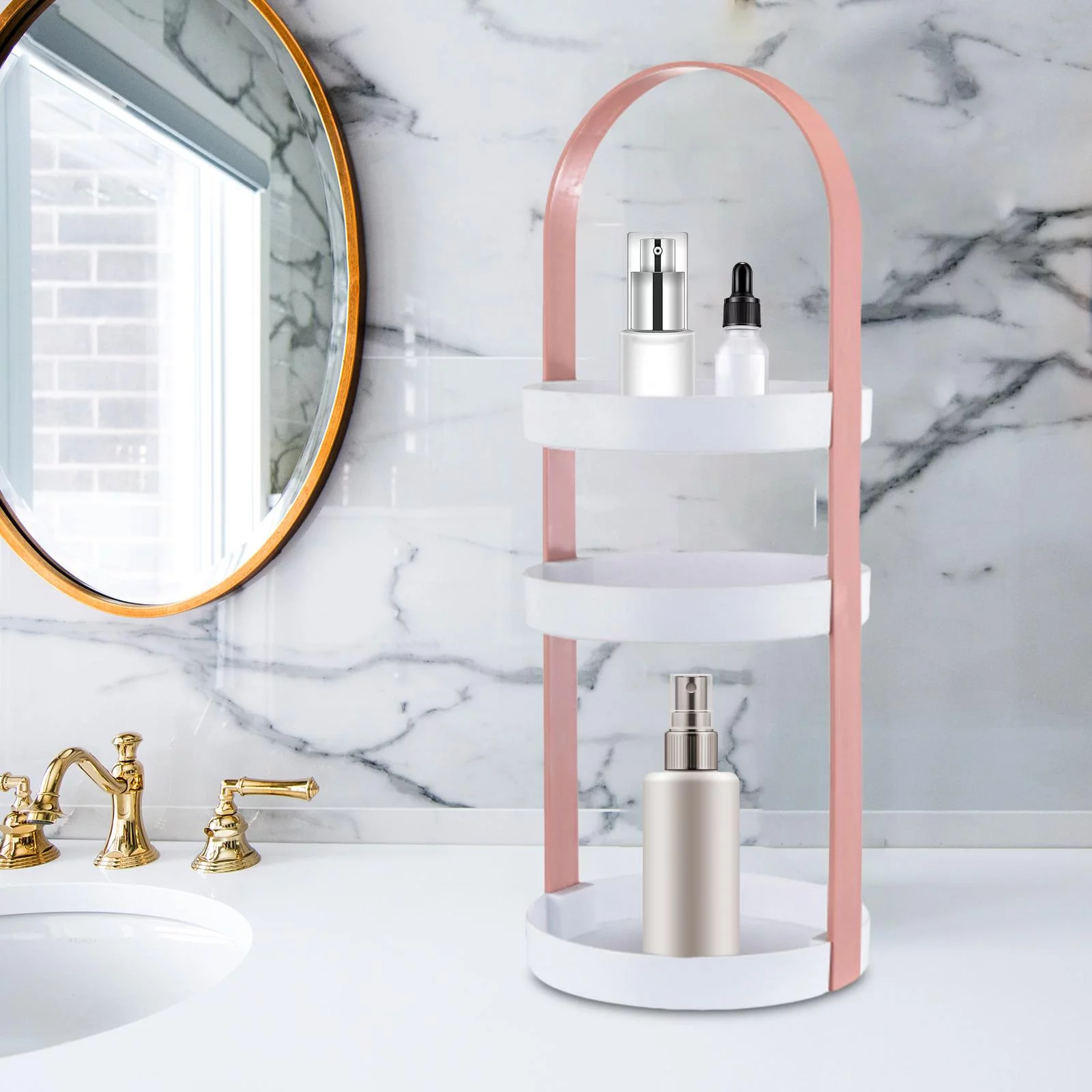 Desk Cosmetics Stand Vanity Trays 3 Layer Home Storage and Display Coffee Table Stand Bathroom Rack Organizer Spice Rack Organizer for Home Pink