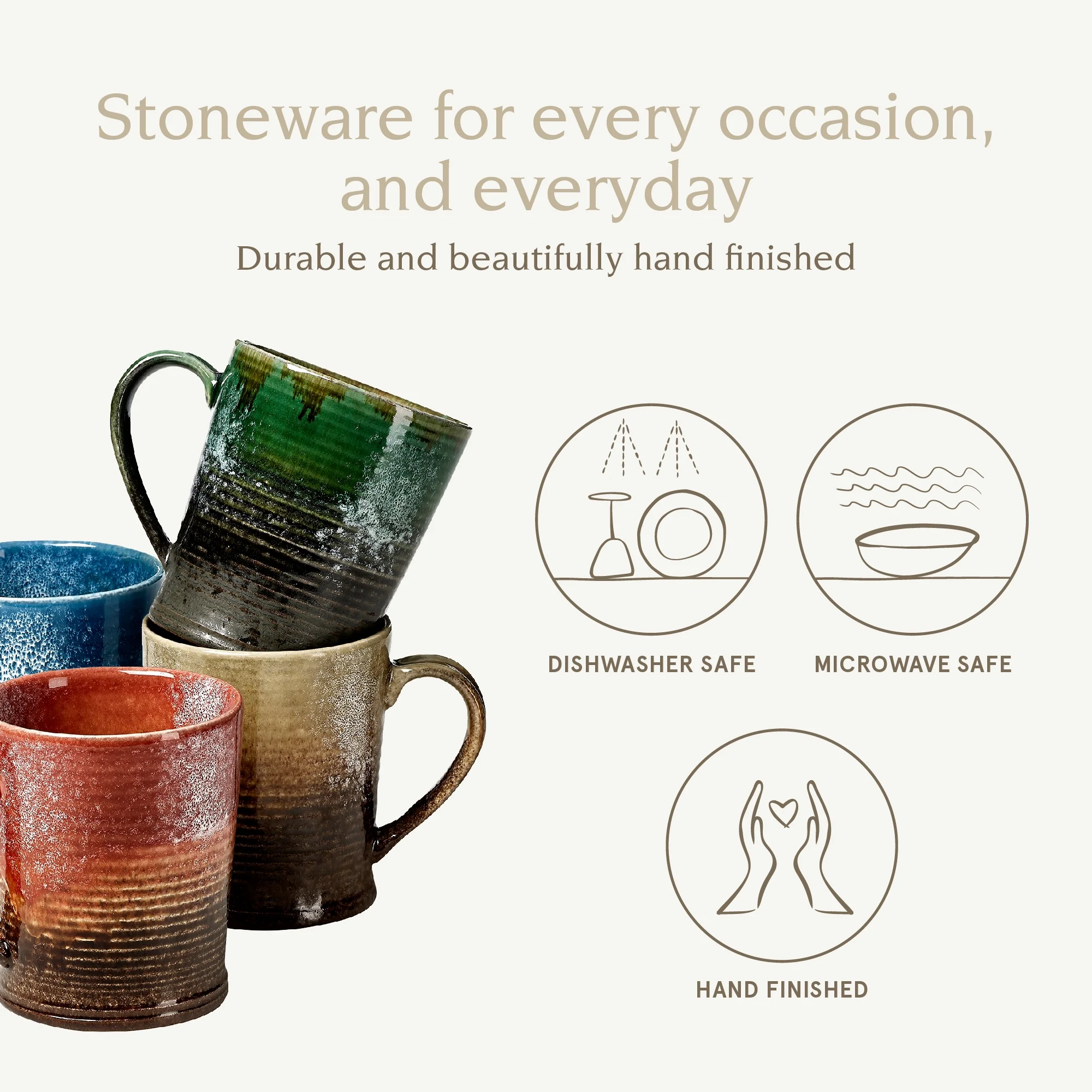 Over and Back Set of 4 Stoneware Assorted Rustic Mugs for Coffee or Hot Cocoa - 16 fl oz