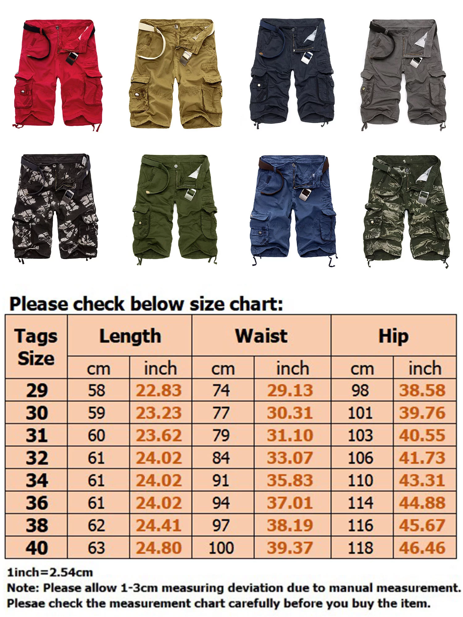 Niuer Men Slim Fit Cargo Short Pants Casual Summer Beach Sport Plain Camouflage Multi Pockets Shorts