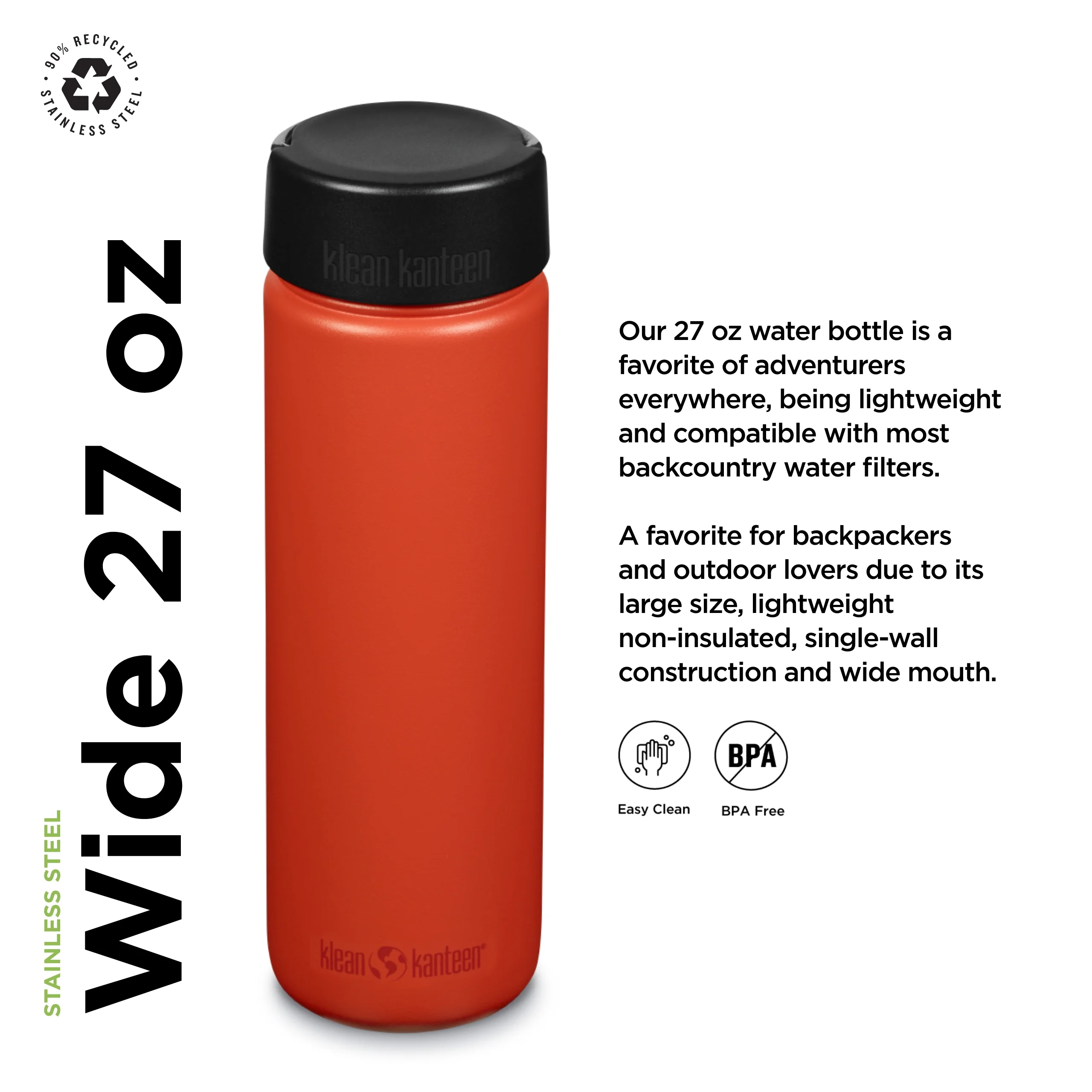 Klean Kanteen Wide w/Wide Loop Cap, 27oz, Tiger Lily