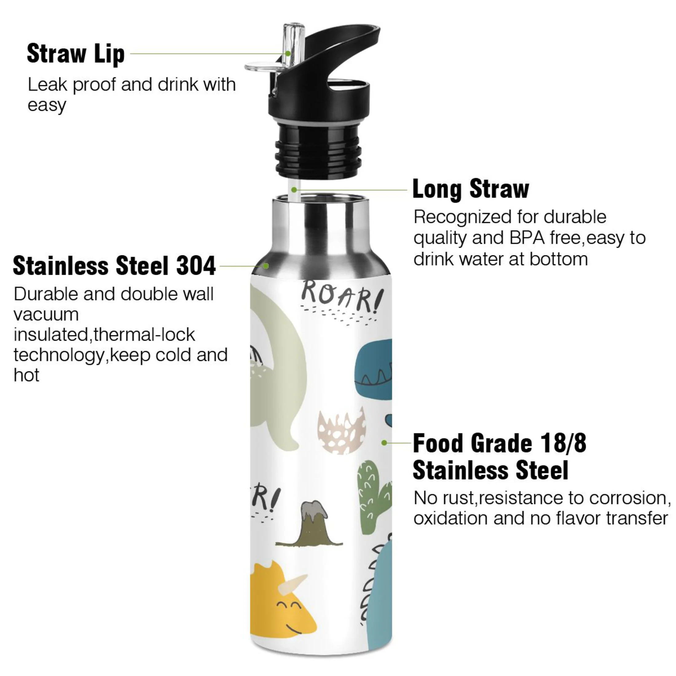 Water Bottle with Straw Lid Leak Dinosaur Roar Stainless Steel Insulated Thermos Vacuum Flask for Cold Hot Drinking for Sports Camping Gym Yoga