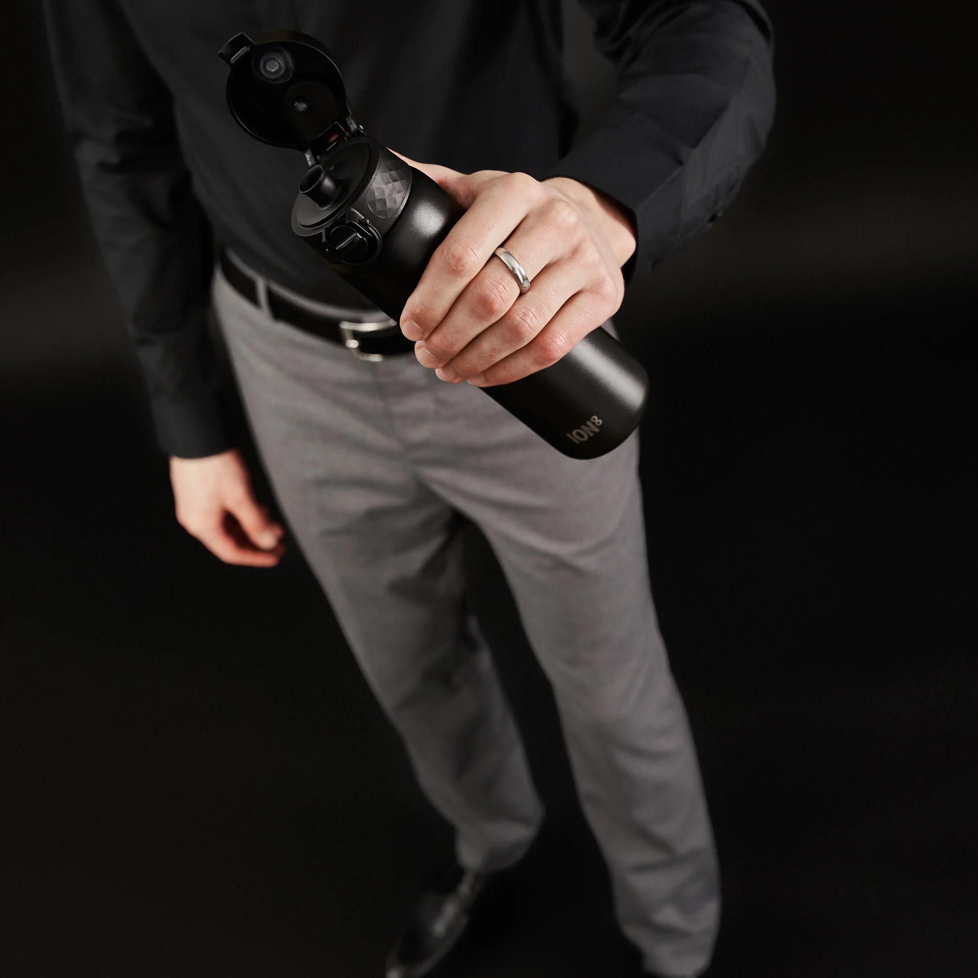 ION8 Leak Proof Flip-Top Stainless Steel Slim Water Bottle, Dishwasher-Safe, Black, 600ml (20oz)
