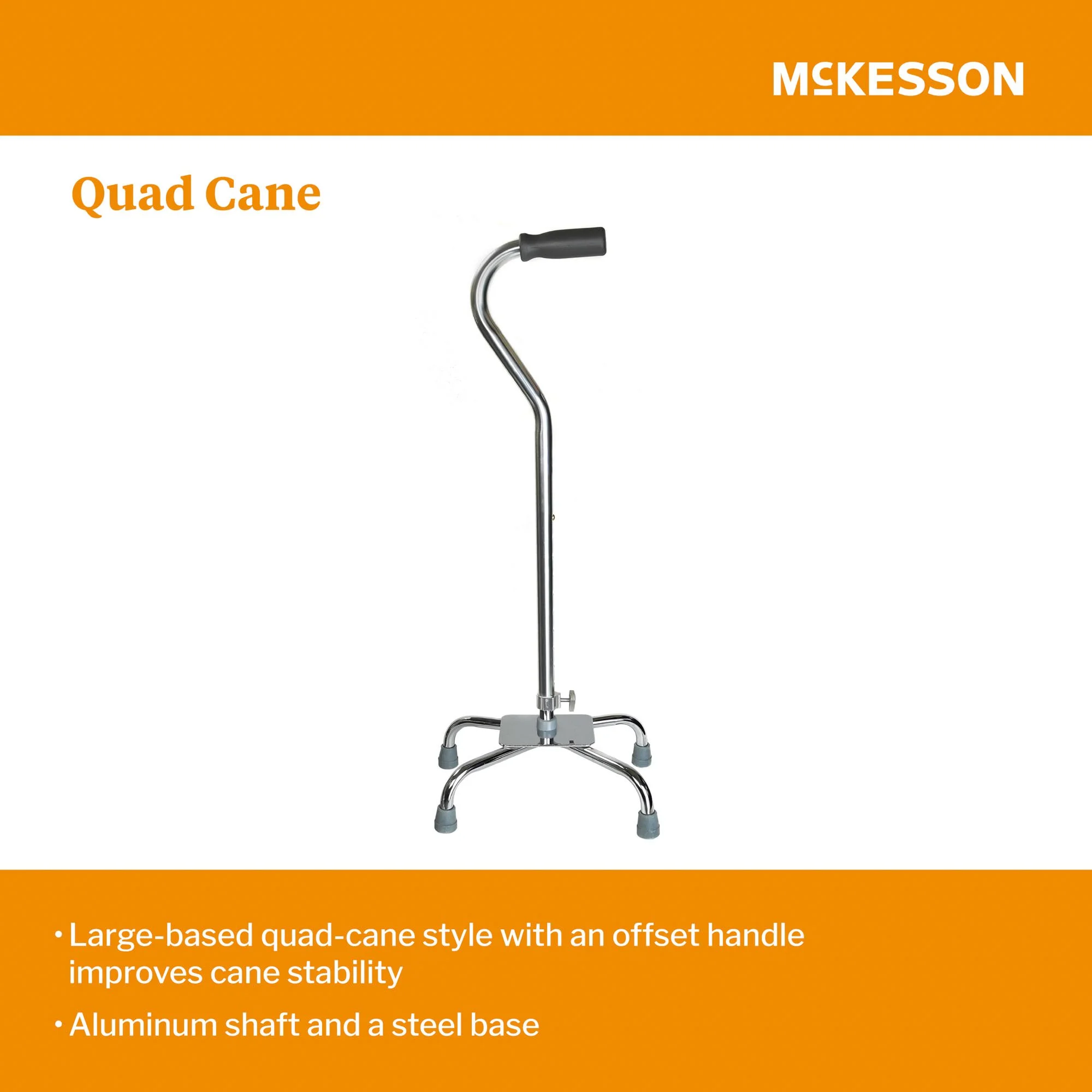 McKesson Chrome Steel Large Base Quad Cane, Adjustable Height 29