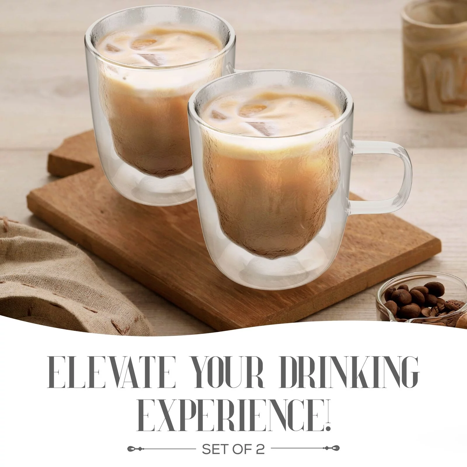 Elle Decor Insulated Tumbler, Set of 2, Double Wall Crushed Design, 8.5  oz Hiball Glasses