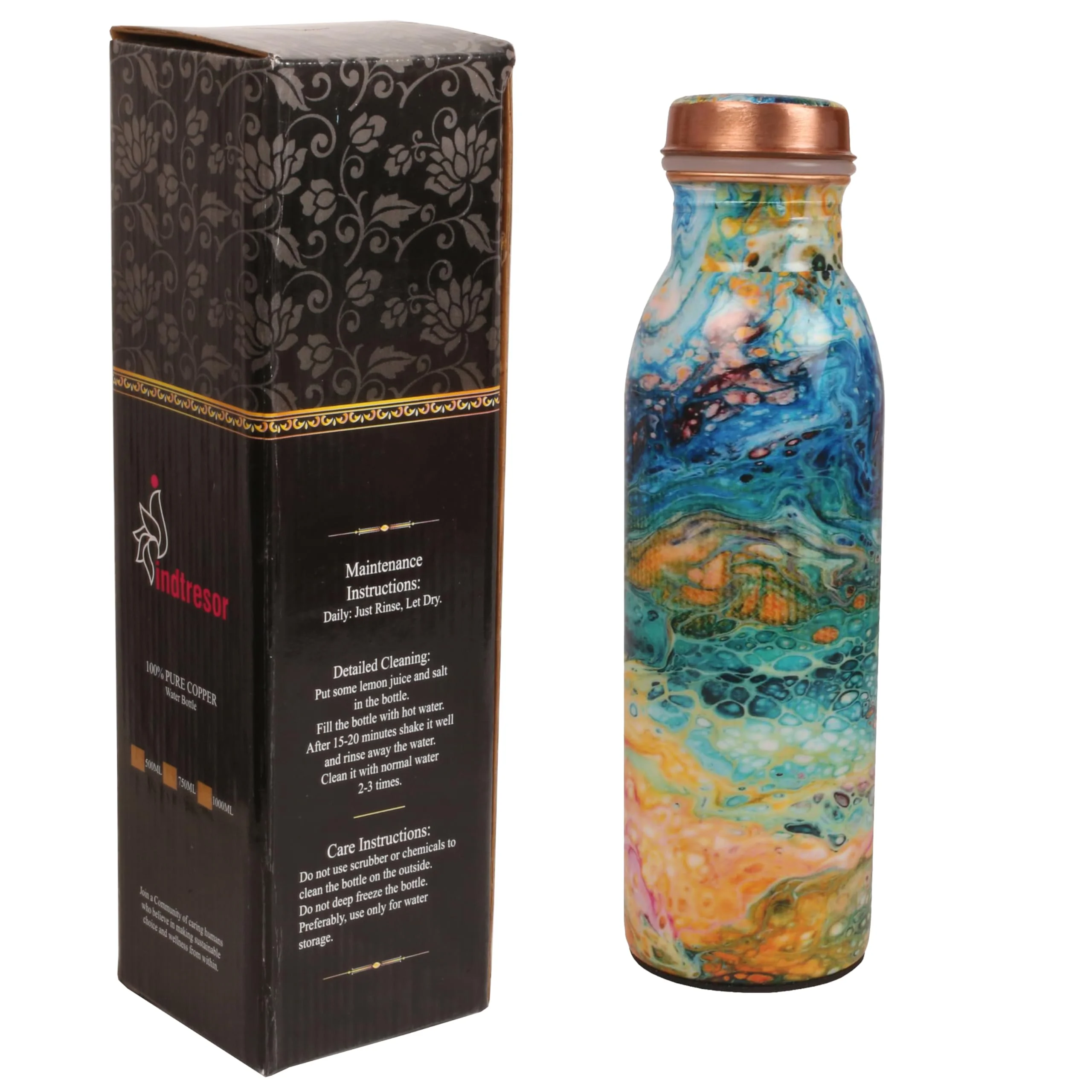 Indtresor Pure Copper Water Bottle - Handcrafted - Ayurveda health benefits - Small 15 oz - Leak proof - Easy to carry for Sports, Fitness, Yoga, School - Royal Mosaic 3D Vintage Colorful Enamel