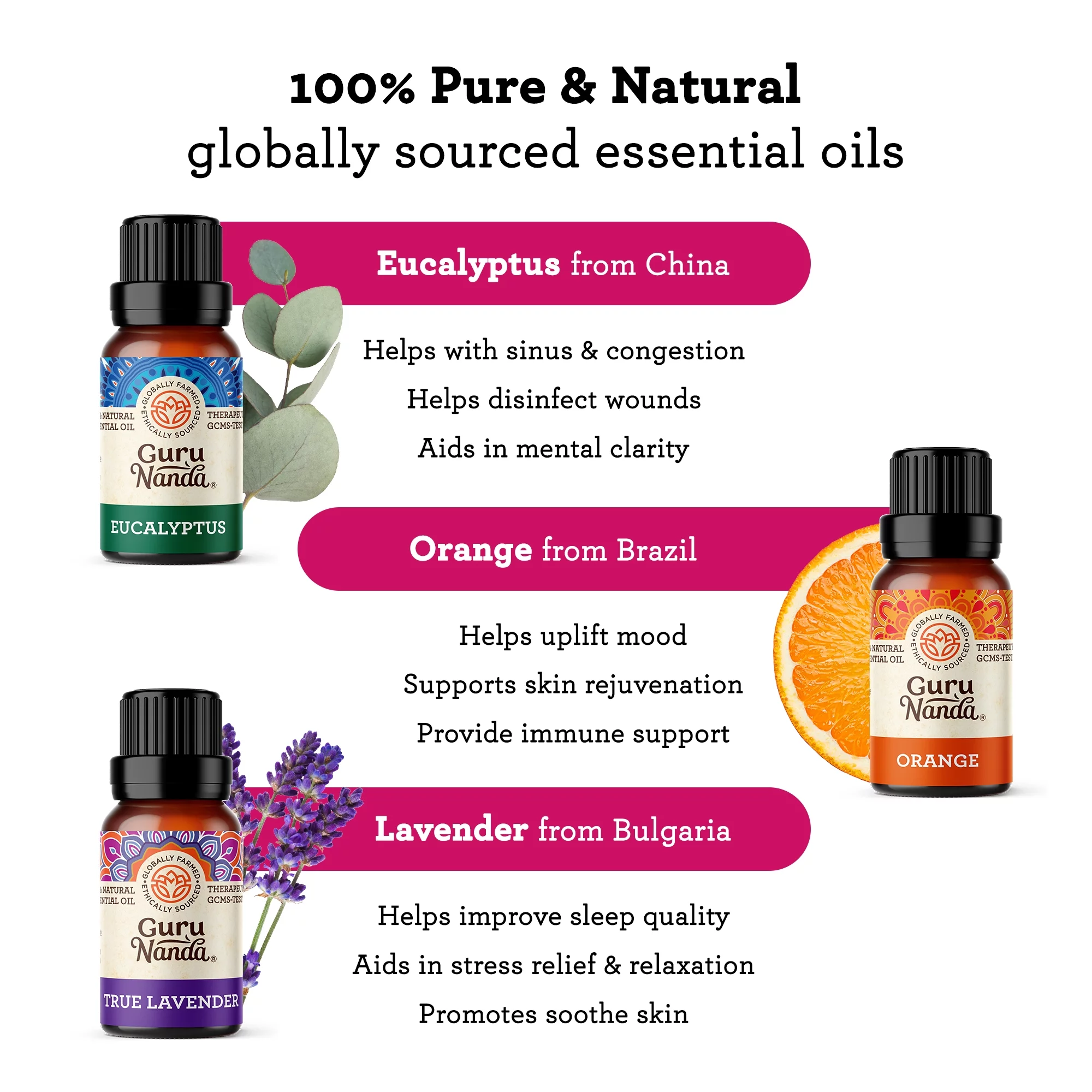 GuruNanda 100% Pure Essential Oils - Aromatherapy Singles - Variety of Scents - Set of 6