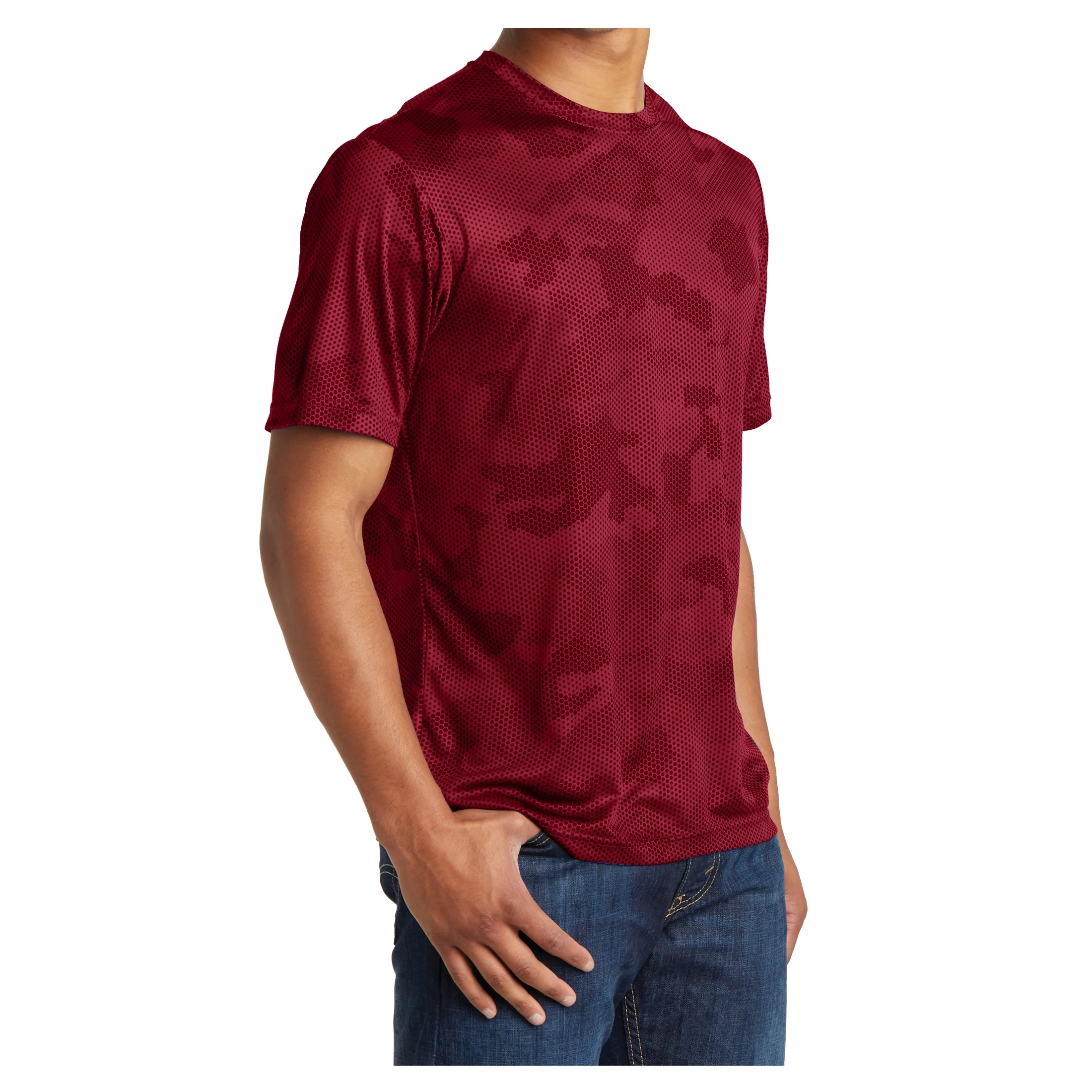 Mens Moisture Wicking CamoHex Polyester T-Shirt Deep Red XS