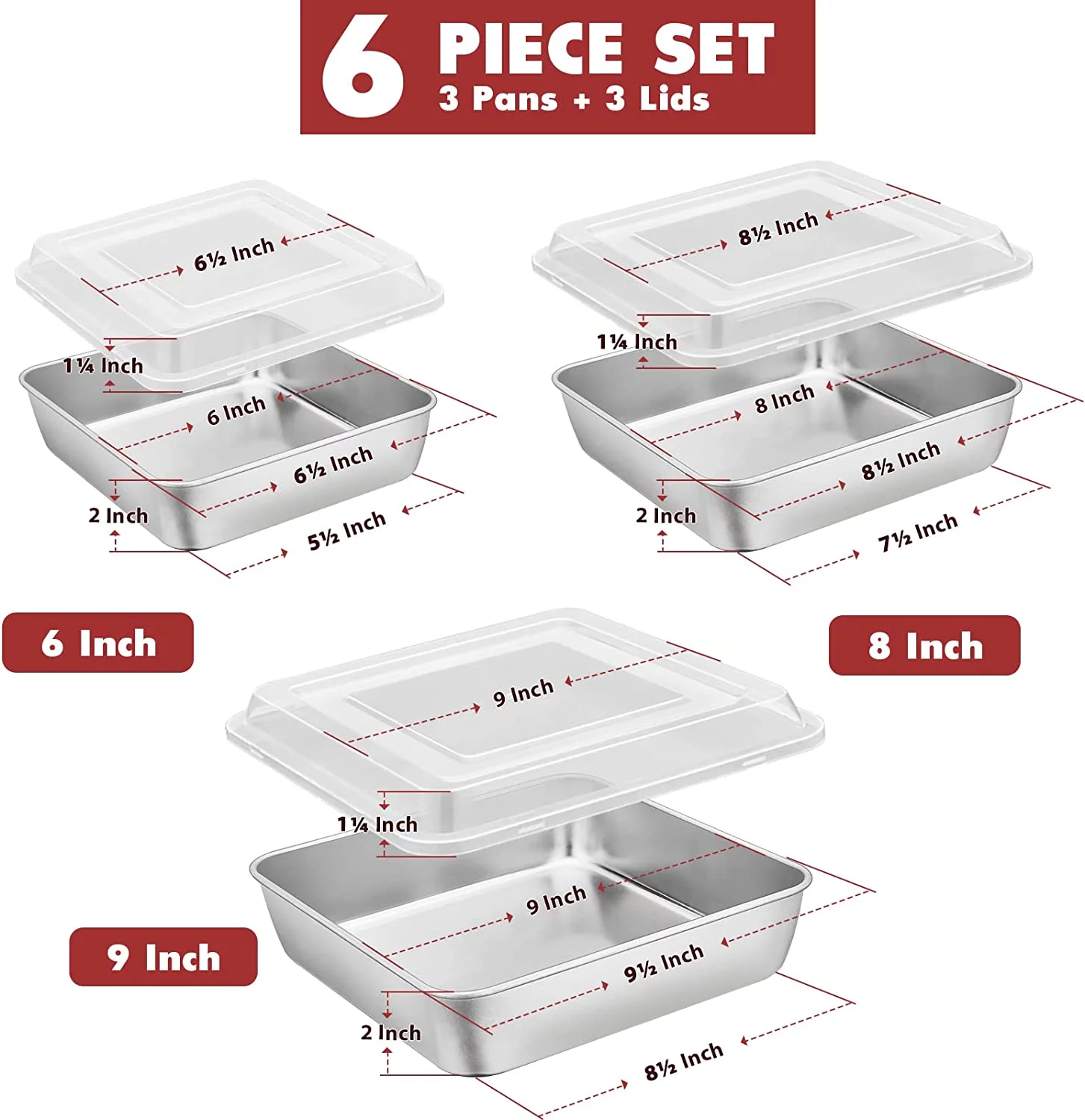 Vesteel 6-Piece Cake Pan with Lid (3 Pans + 3 Lids), Stainless Steel Square Baking Brownie Pans Bakeware Set