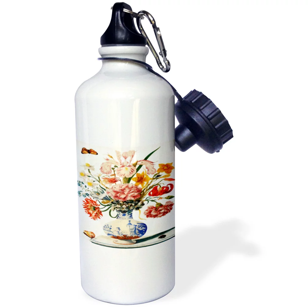 3dRose Image of Vintage Maria Merian Oriental Bouquet With Butterfly In Vase, Sports Water Bottle, 21oz