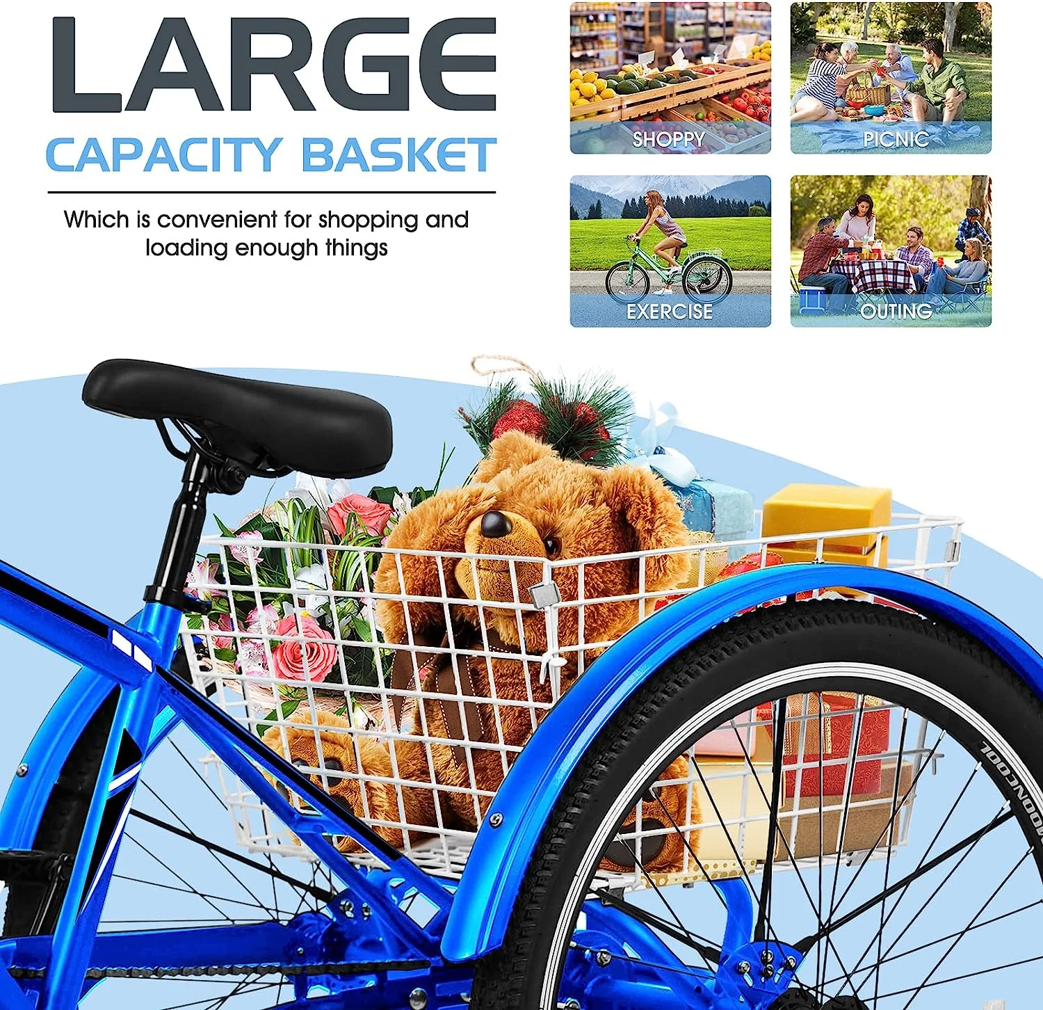 Lilypelle Adult Mountain Tricycle 24/26/27.5 Inch Low step through Mountain Bike Cruiser Trikes for Adults 7 Speed Three Wheel Trike Bike Bicycle with Large Basket