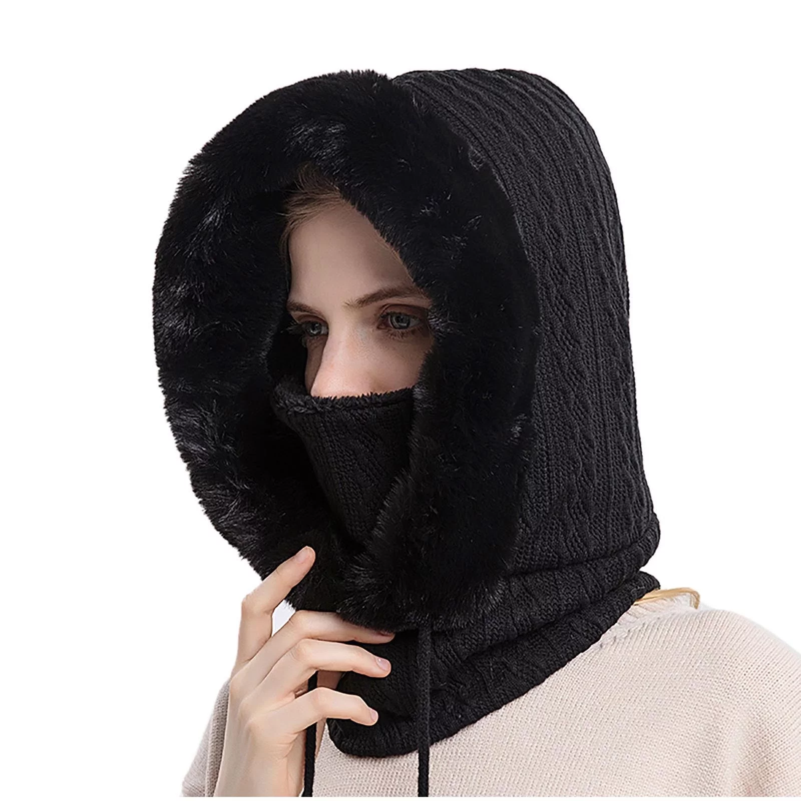 Women Cold Weather Ski Mask Hat Windproof Plush Fleece Thermal Face Mask Cycling Motorcycle Neck Warmer Hood Winter Gear Hat, Black