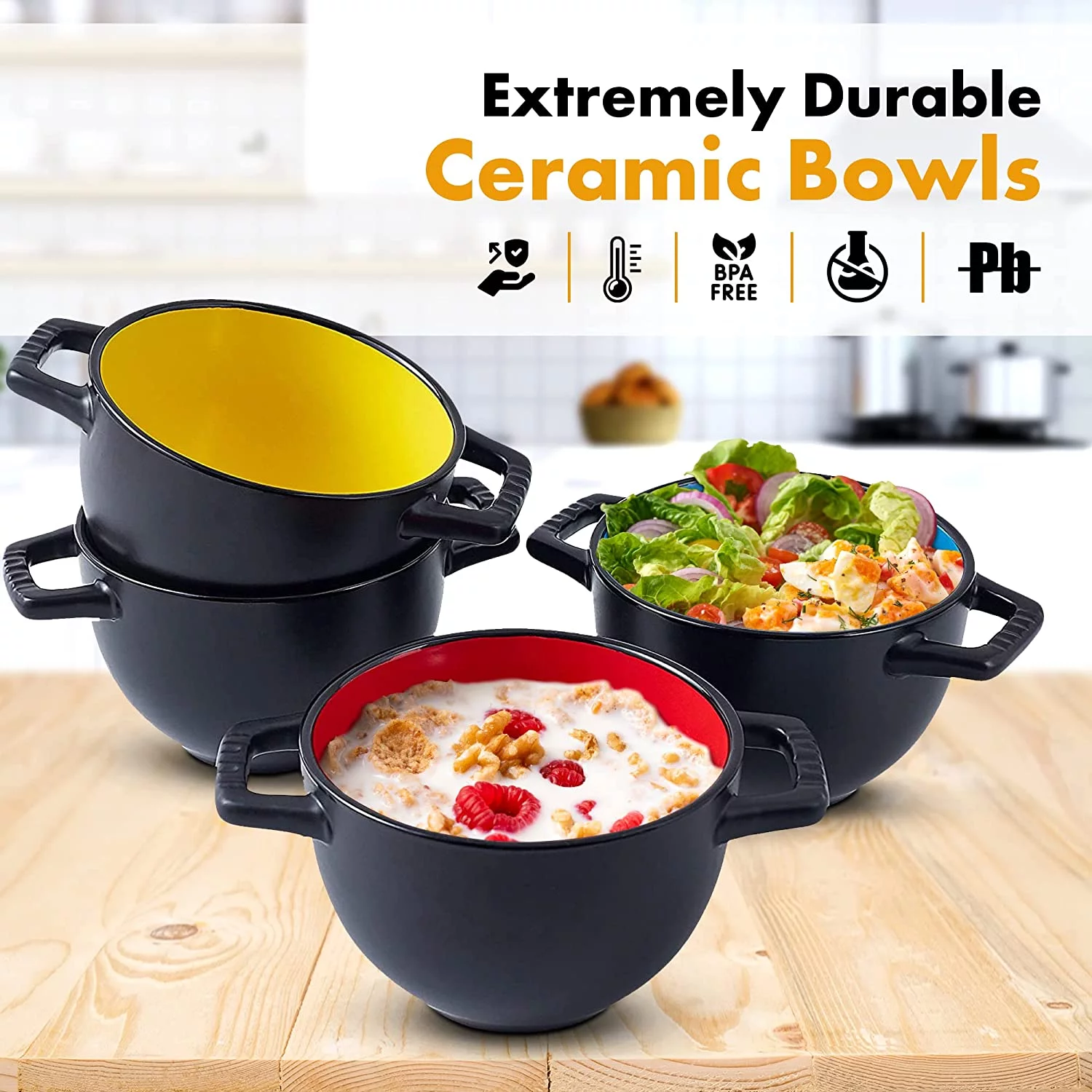 Bruntmor Set of 4 Large Soup Crocks with Handles for Cereal Bowl, Soup, Stew, Chilli,