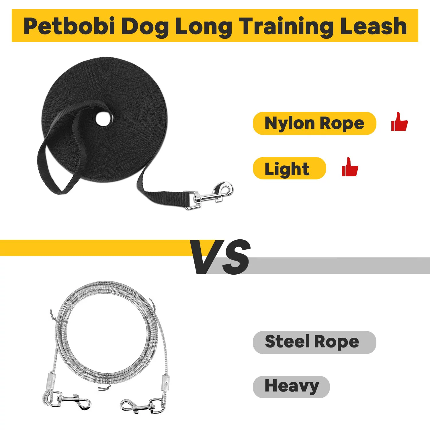 Petbobi Long Dog Leash Lead 50FT/100FT for Dog Training Obedience Recall Outdoor Playing Camping, Black