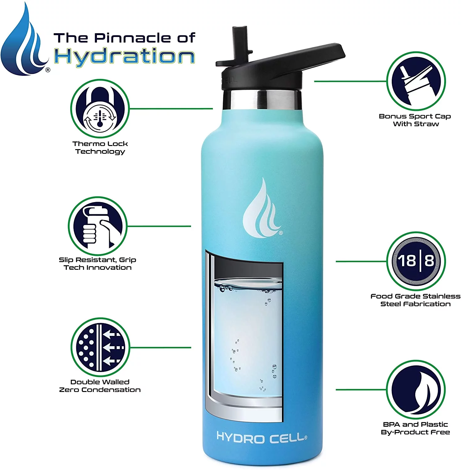 HYDRO CELL Stainless Steel Water Bottle w/Straw & Standard Mouth Lids