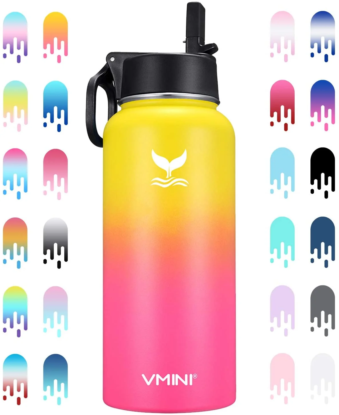 Vmini Water Bottle with New Wide Handle Straw Lid, Wide Mouth Vacuum Insulated 18/8 Stainless Steel, 32oz, Gradient Yellow Pink Nectarine 32oz