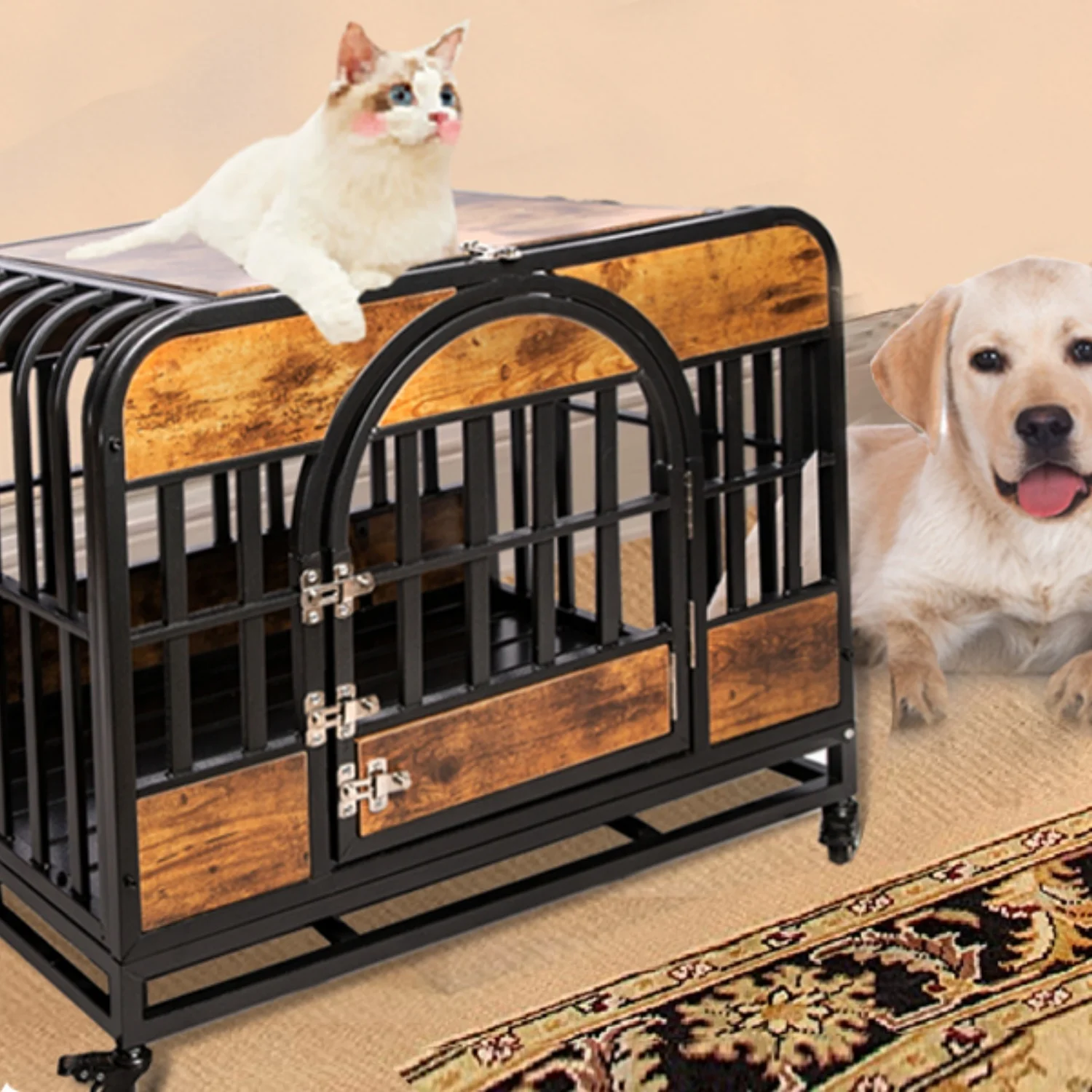 Dog Crate Furniture,46in Dog Kennel with Pull-Out Tray and Lockable Omni-Directional Wheels, Hard Steel Pipe and Heavy Duty Wooden Panel