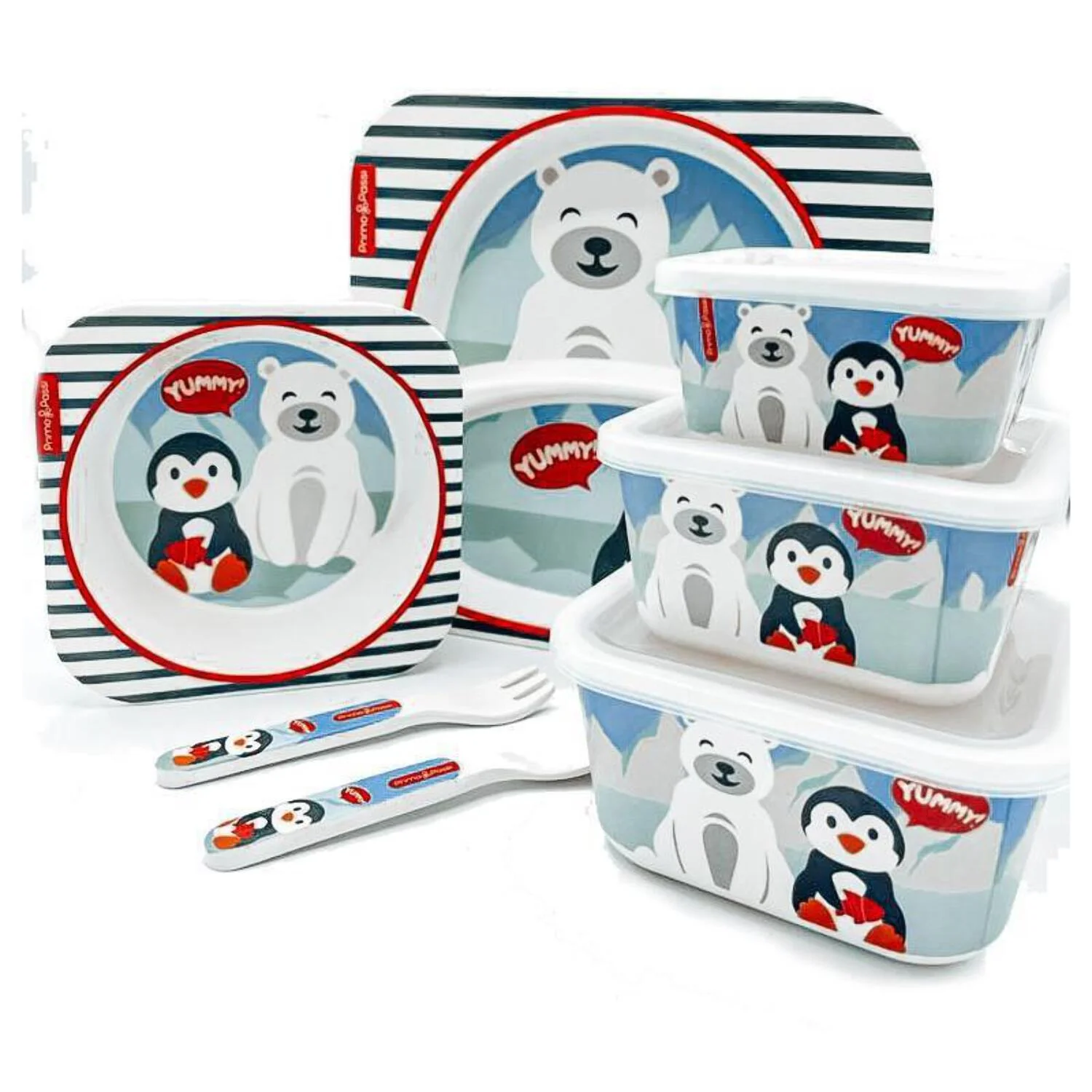 Primo Passi - Bamboo Fiber Kids Super Combo - Divided Square Plate, Square Bowl, ForkSpoon, And 3 Food Container With Lids - Winter Friends