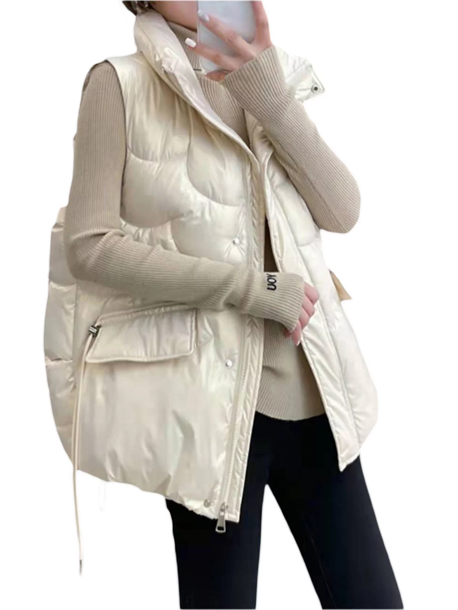Women Quilted Puffer Vest Coat Winter Sleeveless Outerwear Stand Collar Padded Jacket with Pockets