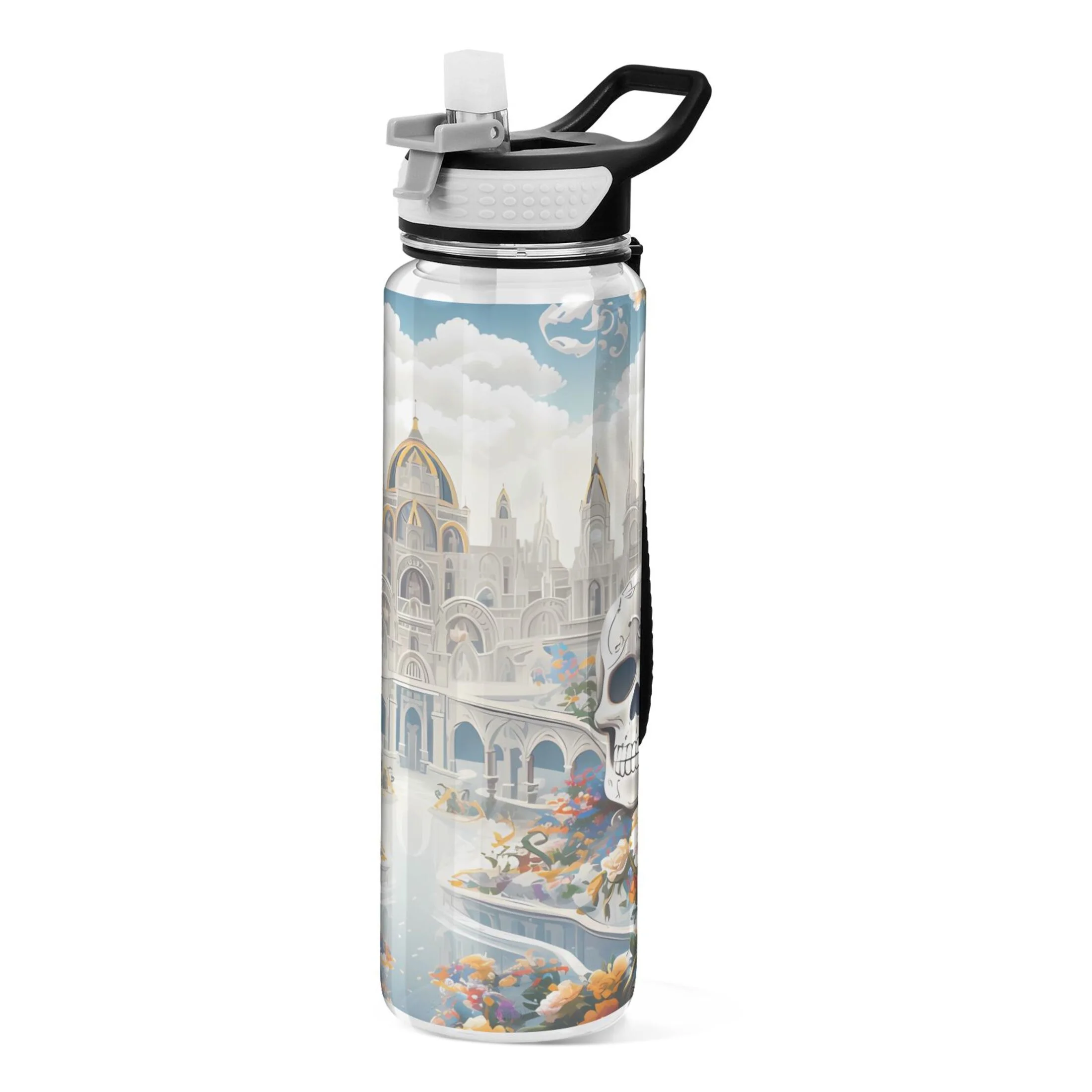 Skeletons and Flowers 32oz Water Bottles with Straw Tritan Leakproof Sports Bottle BPA Free Clear for Fitness Gym Swimming Cycling