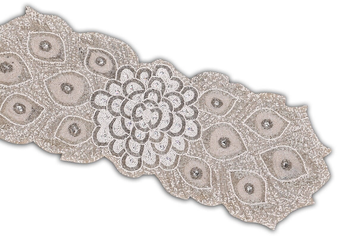 Handmade Beaded Table Runner, Peacock Feather Design Table Topper, Designer Tableware 13X36 Inch