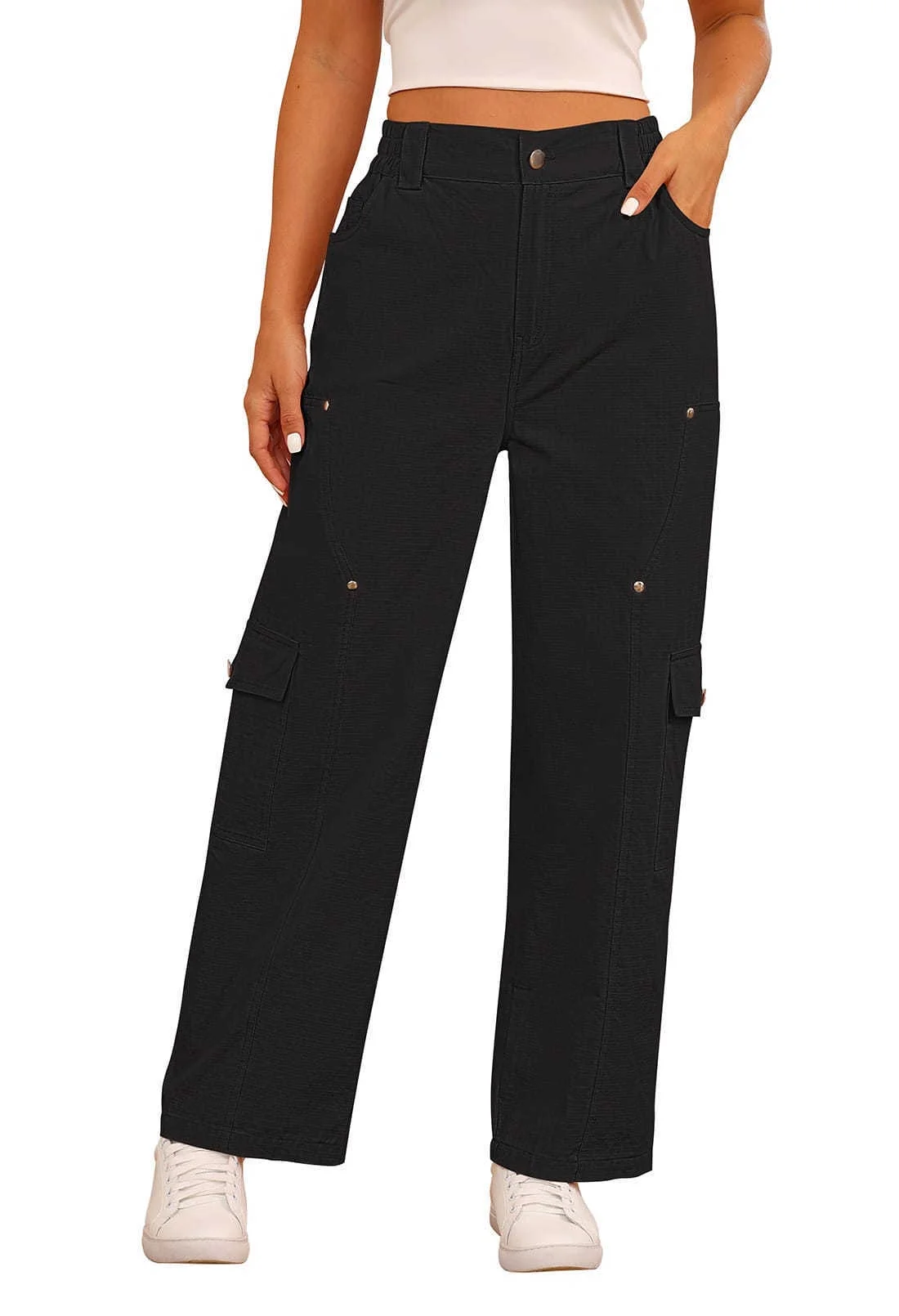 Pink Queen Women Cargo Pants Adustable Elastic High Waist Baggy Stretchy Wide Leg Y2k Combat Pants Trousers