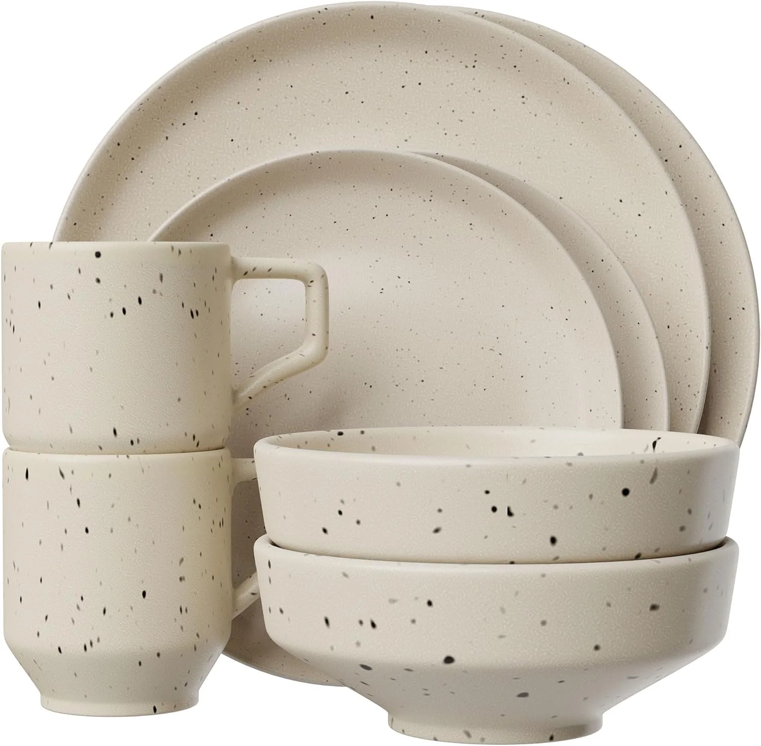 Reactive Stoneware Dinnerware Set | Coffee Mug, Bowl, Plate Set | Stoneware Dish Set | Microwave, Dishwasher Safe | Service For 2 | Speckled Cream 8-Piece Set (Cream)