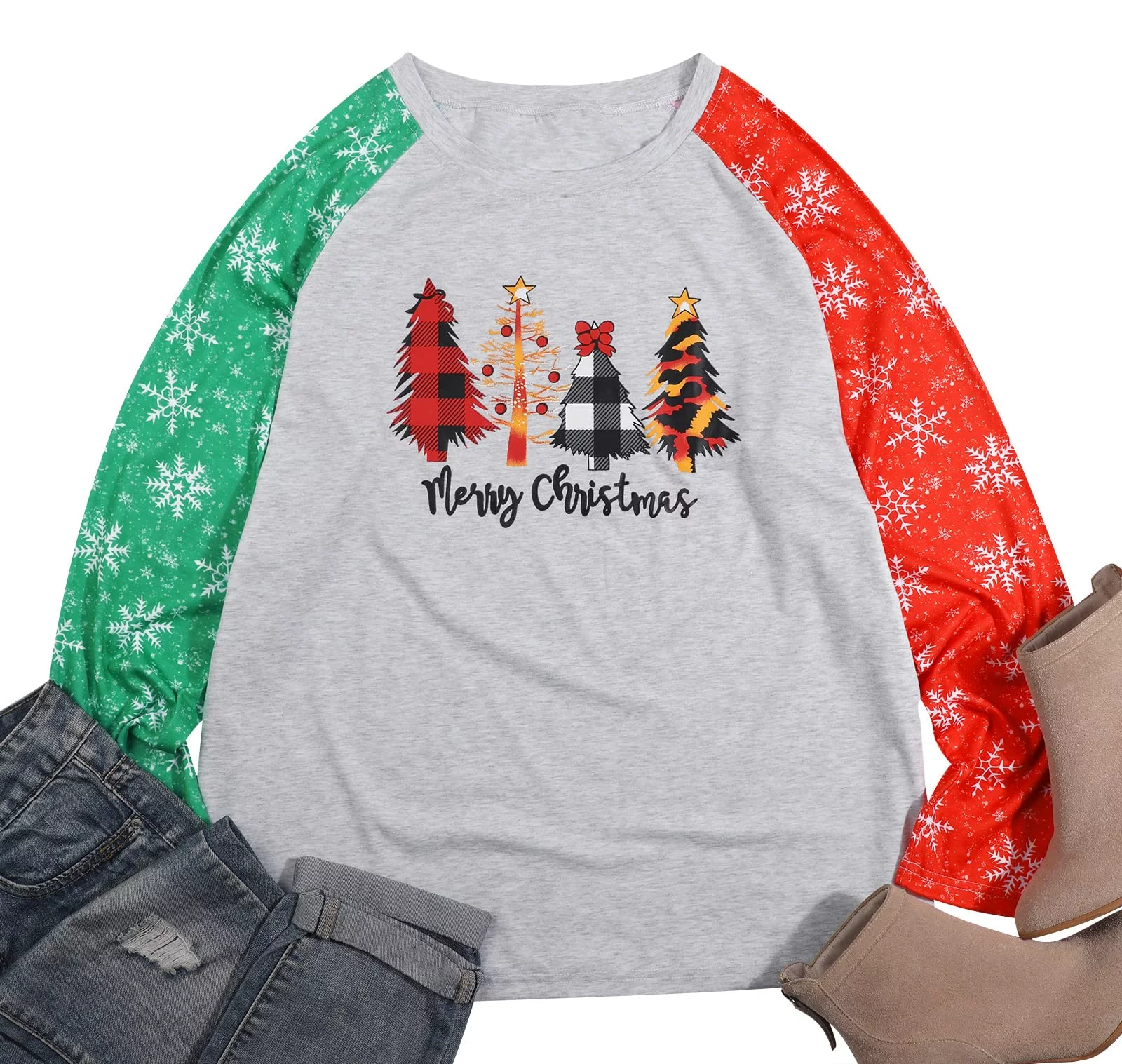 KimSoong Christmas Plus Size Shirts Women Merry Christmas Tree Sweatshirt Merry Christmas Plaid Leopard Tree Baseball T-Shirt