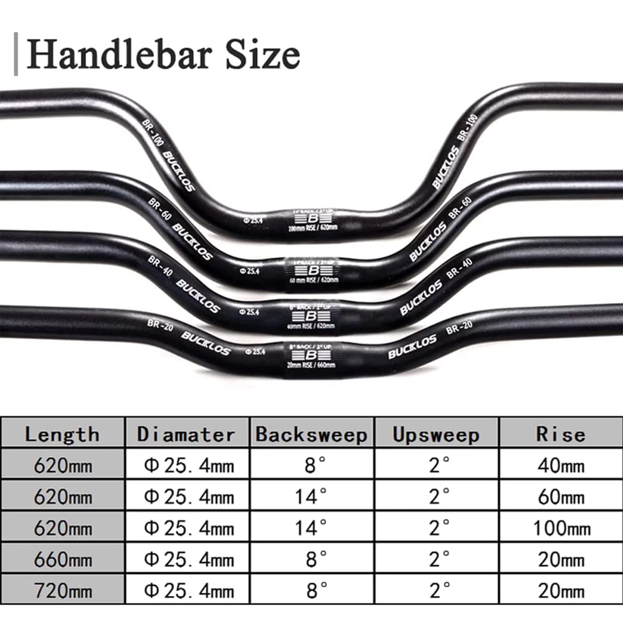 BUCKLOS 25.4*620/660/720mm Mountain Bike Handlebars Rise 40/60/100mm Aluminum Alloy MTB Riser Handlebars
