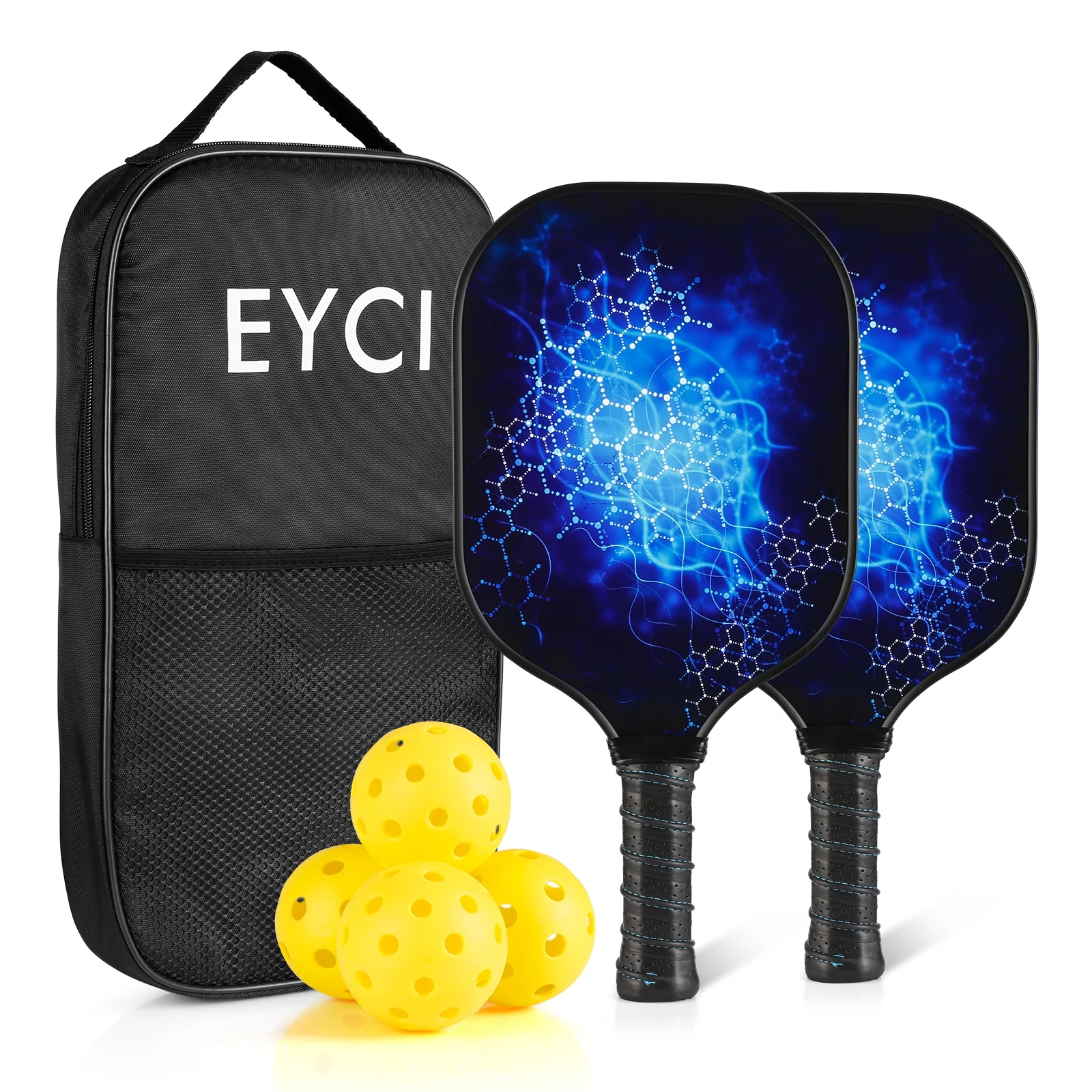 EYCI Pickleball Paddle Set - 2 Fiberglass Surface Rackets, 4 Pickleballs for Indoor and Outdoor Blue