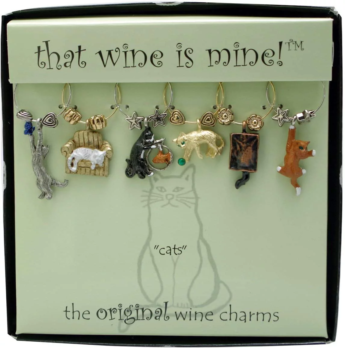 Wine Things 6-Piece Wine Charms/Wine Glass Tags/Drink Markers for Stem Glasses, Wine Tasting Party (Cats)