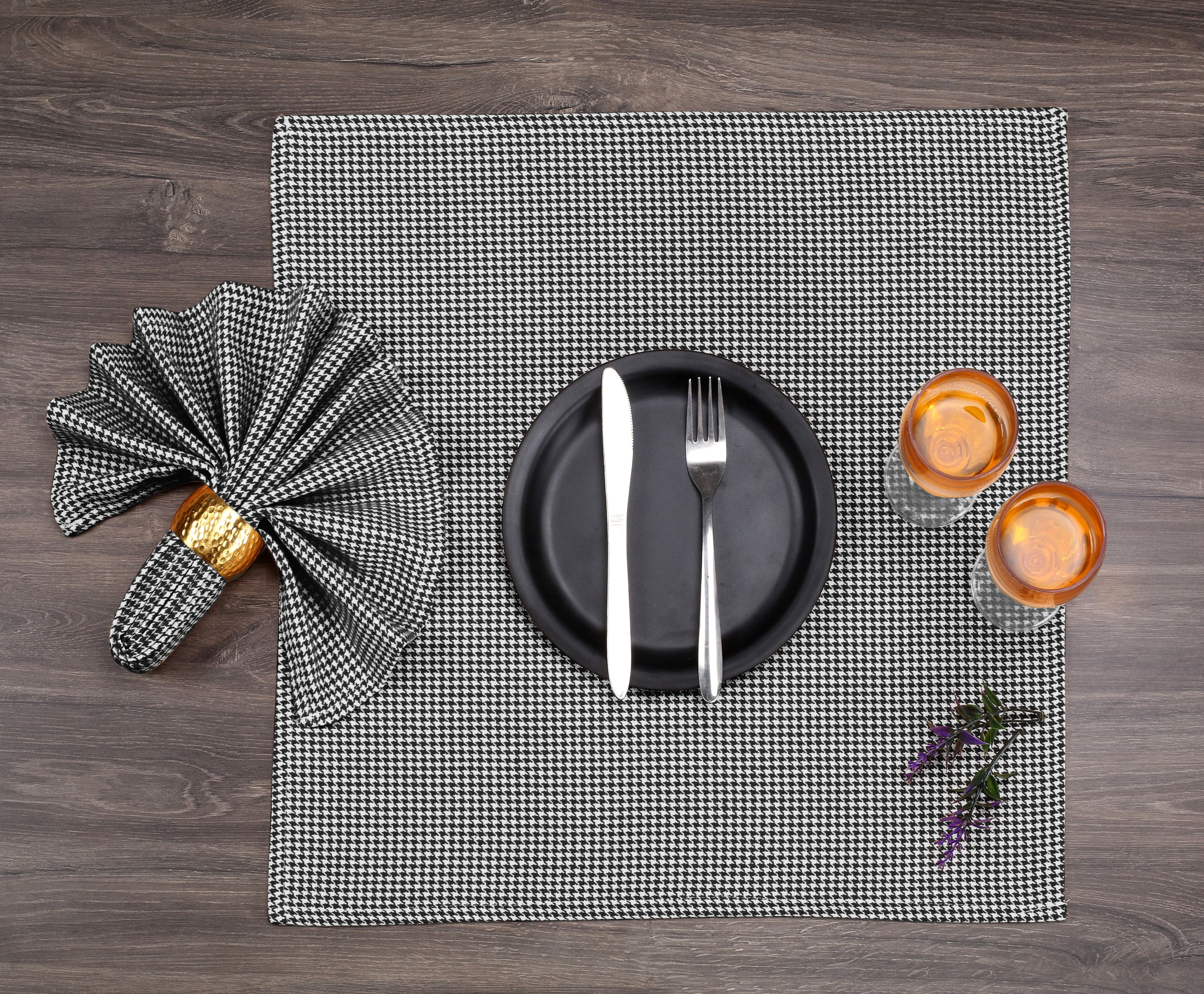 Native Fab Reusable Houndstooth Cloth Napkin 18x18 Cotton Set of 12 - Black