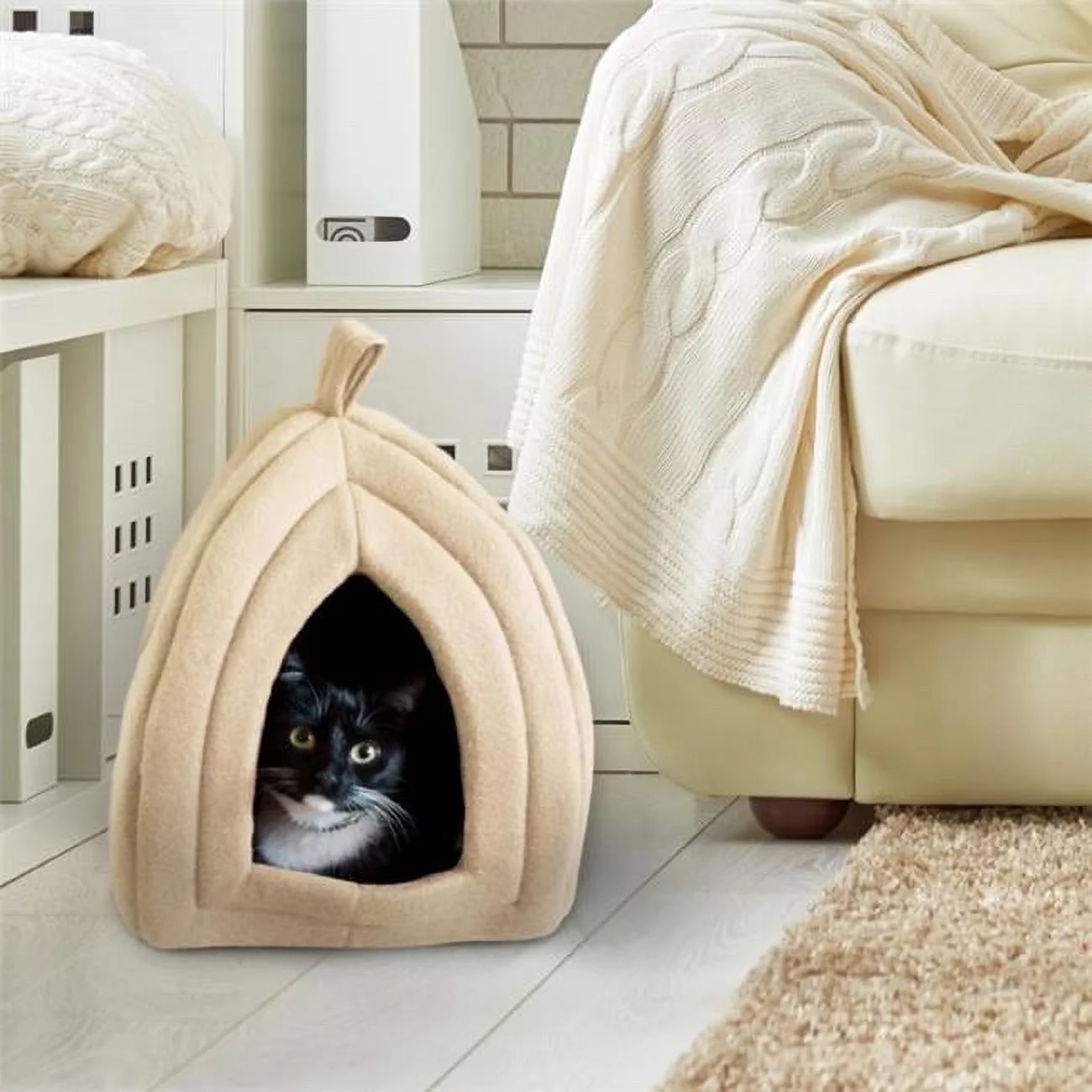 Cat Pet Bed Igloo Soft Indoor Enclosed Covered Tent & House - Tan