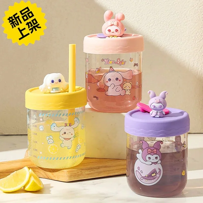 Ins 350ml Kawaii Sanrioed Cinnamoroll Kuromi Water Bottle with Straw Creative Anime Cartoon Girl Coffee Milk Glass Cup Cute Gift