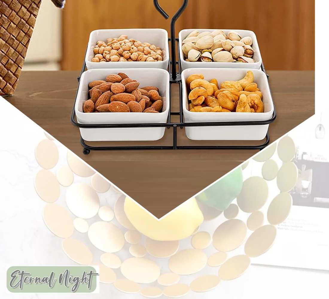 Appetizer Bowls with Rack, 4 Small Ceramic Serving Dish for Nuts, Dips, 6 Oz Condiment Dish Snack Bowl Set, Square Dipping Sauce Dish with Stand for Side Dish, Candy, Dessert