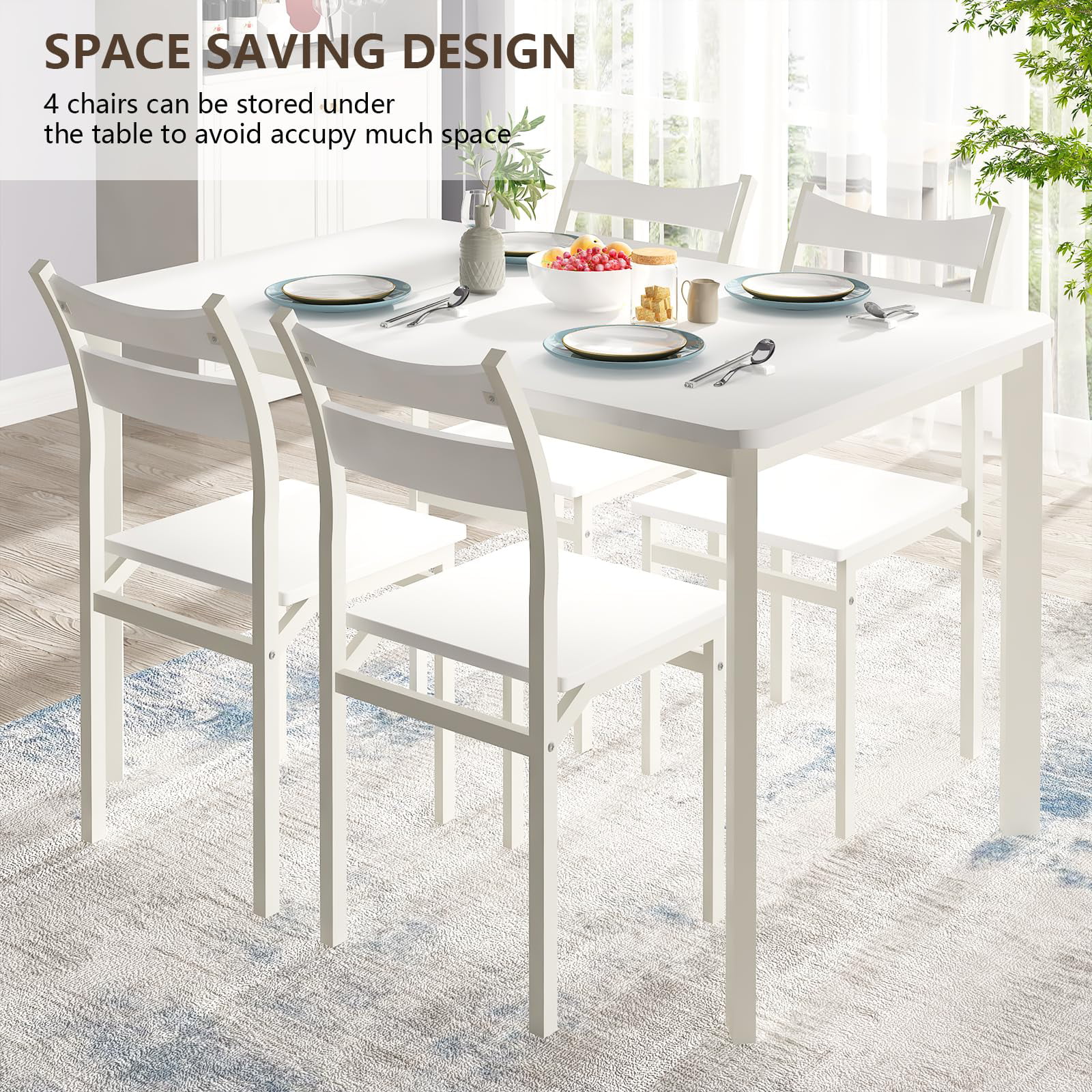 AWQM Kitchen Table and Chairs for 4, 5 Piece Wooden Dining Table Set for 4, Modern Dining Table and Chairs Set with Backrest, White