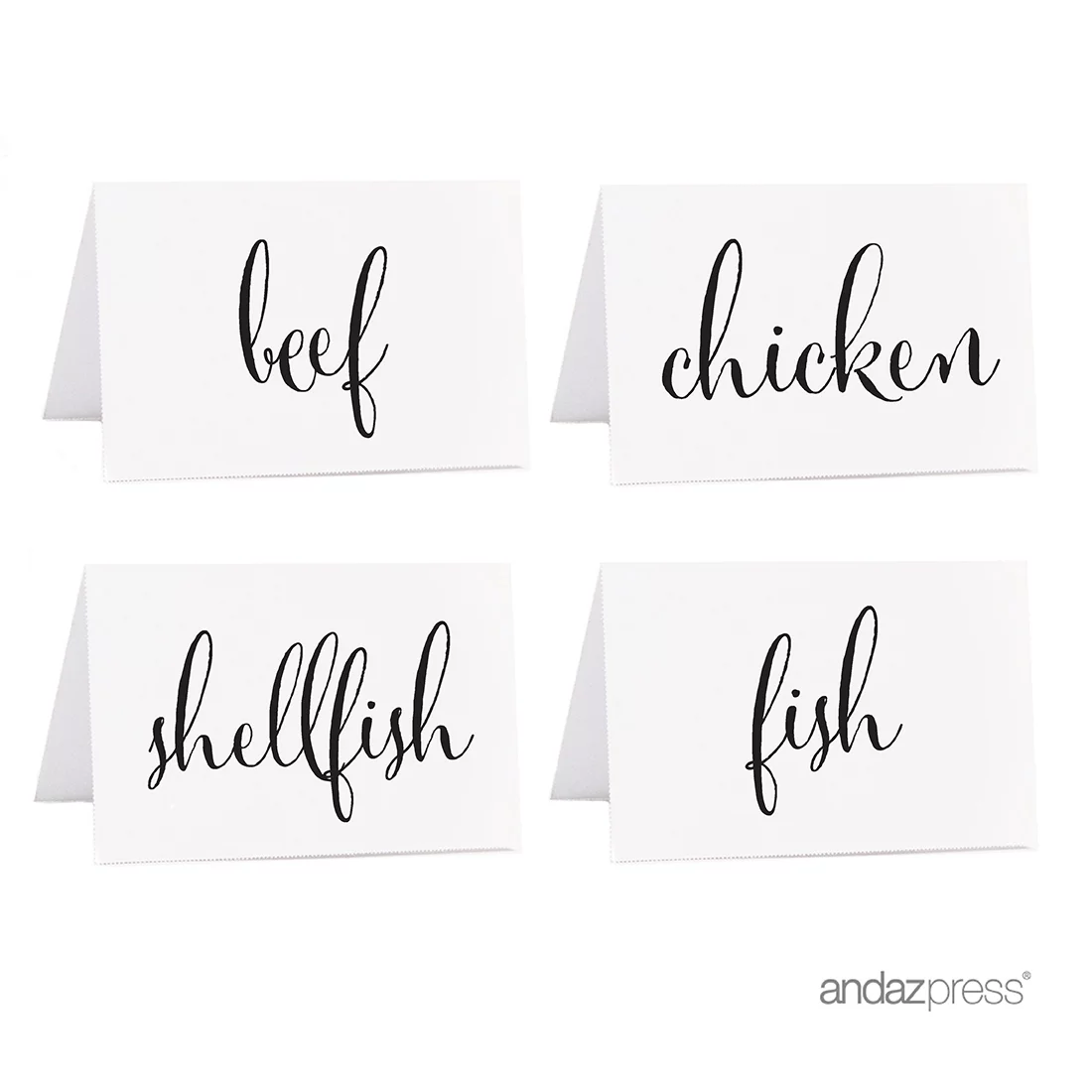 Beef, Chicken, Fish, Shellfish Black Food Station Buffet Menu Place Cards, Formal Black & White, 20-Pack