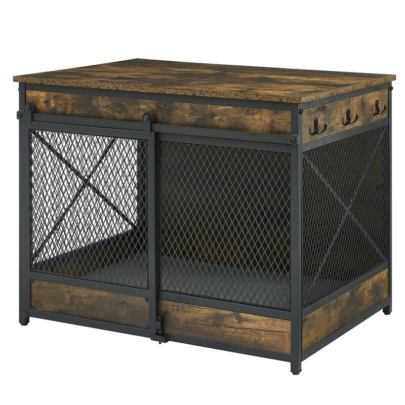Dog Crate End Table with Cushion and Hooks, Mesh Pet Kennels Rustic Brown - 25.79''H x 31.50''W x 23.62''D