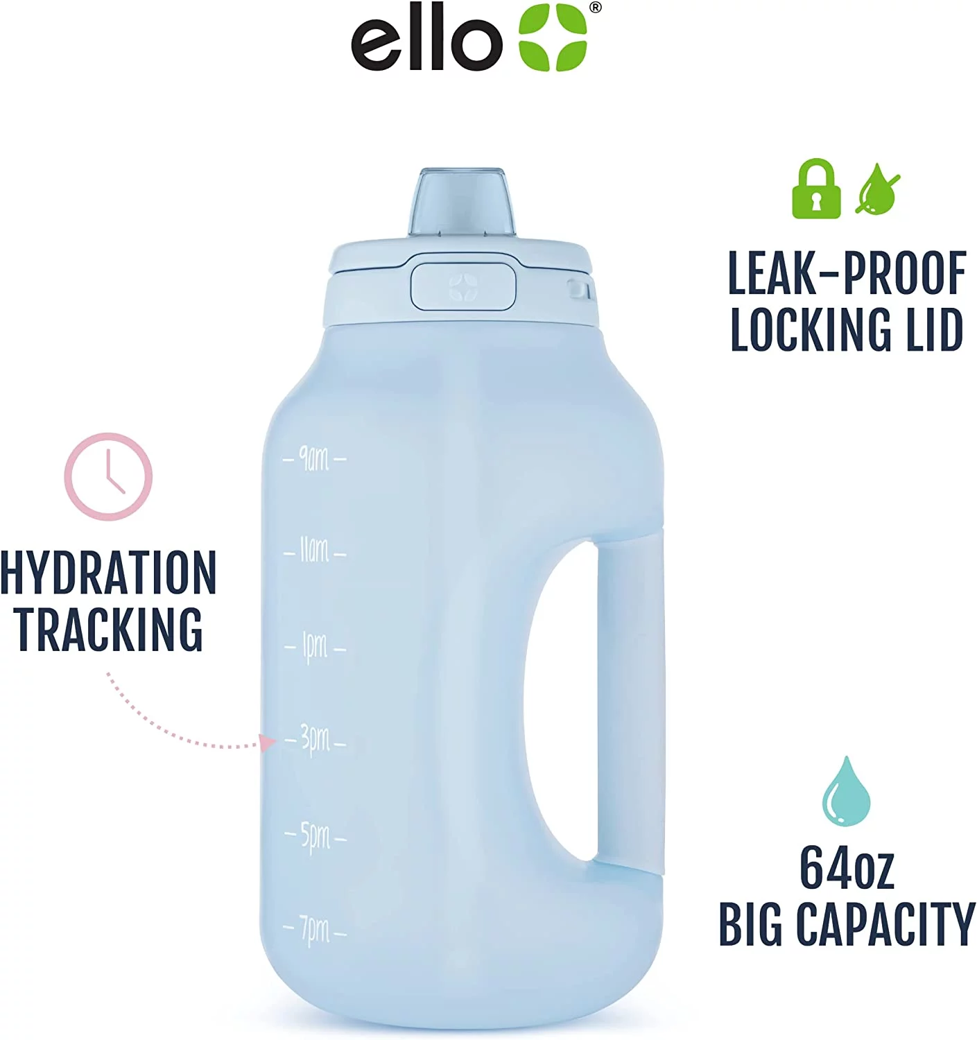 Ello Hydra Half Gallon Jug with Time Marker & Handle for All Day Hydration & Silicone Straw with Locking, Leak-Proof Lid BPA/BPS Free, 64 oz, Halogen Blue