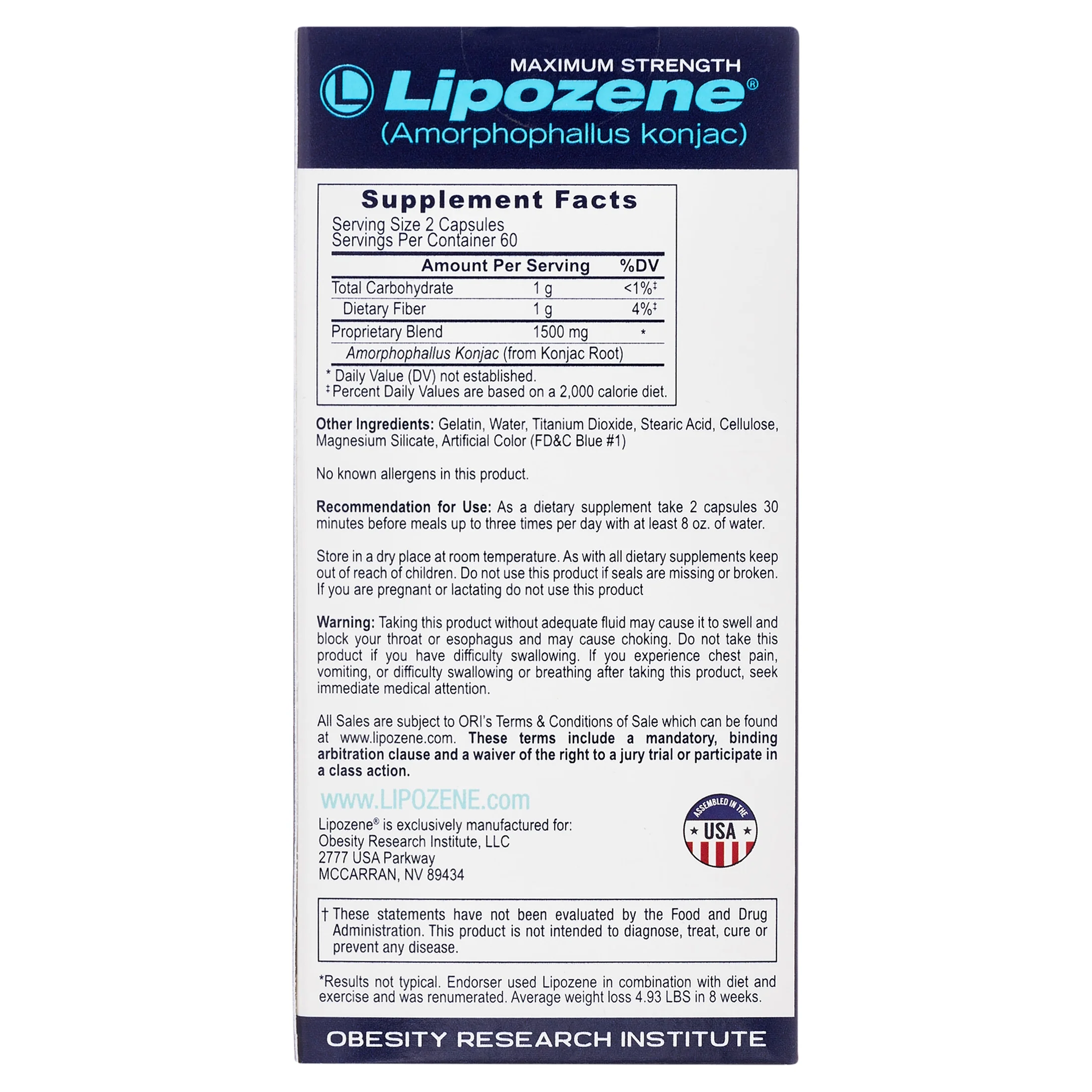 Lipozene Mega Bottle Maximum Strength Weight Loss Supplement, 1500 mg, 120 Capsules