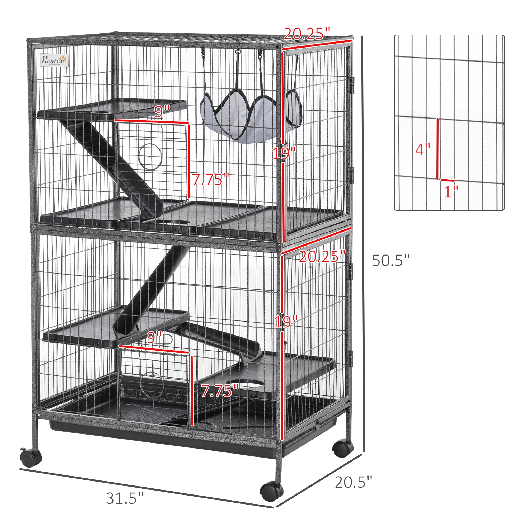 Pawhut 50” 4 Tier Steel Plastic Small Animal Pet Cage Kit with Wheels, Silver Gray Hammertone