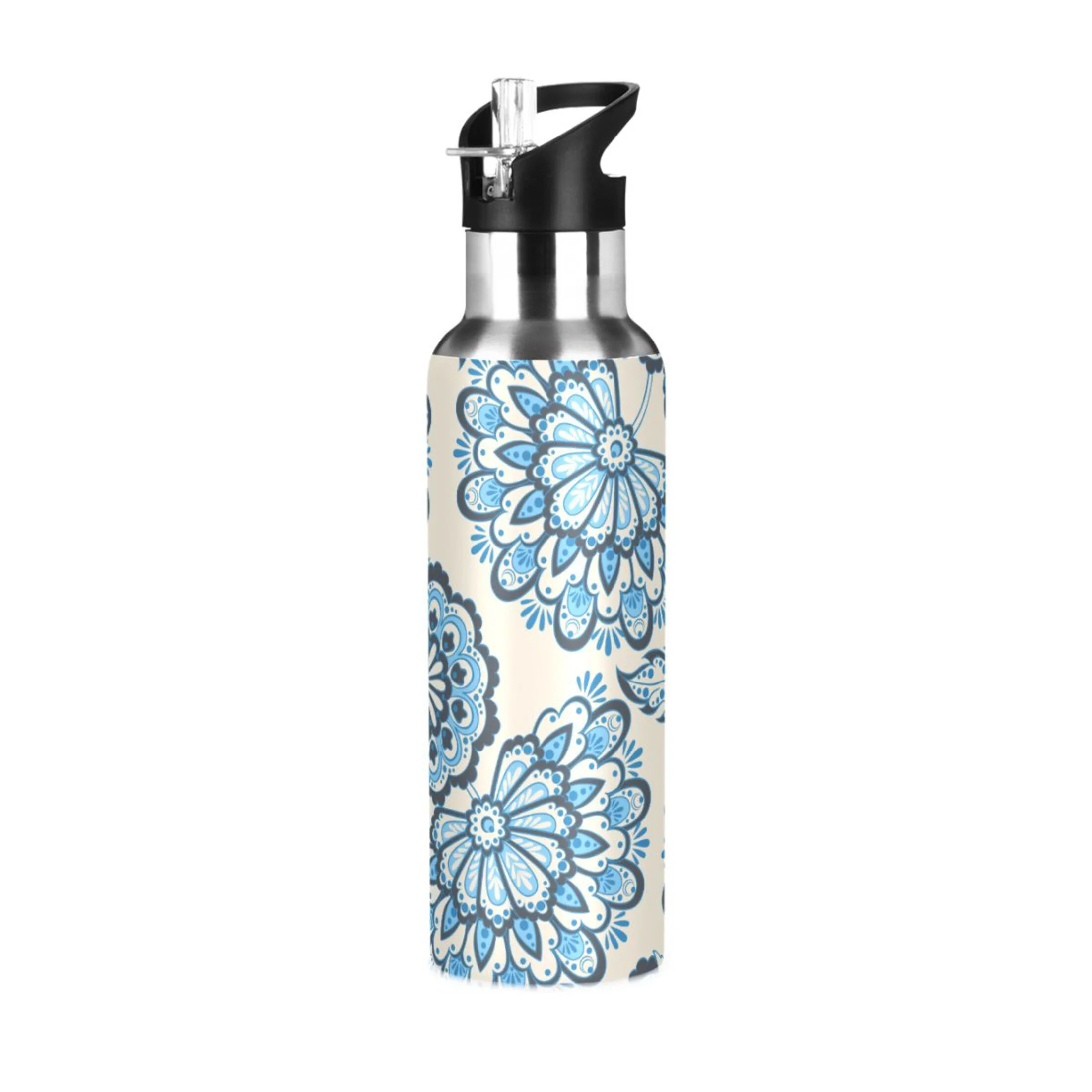 Water Bottle with Straw Lid Leak Blue Boho Flowers Bohomia Stainless Steel Insulated Thermos Vacuum Flask for Cold Hot Drinking for Sports Camping Gym Yoga
