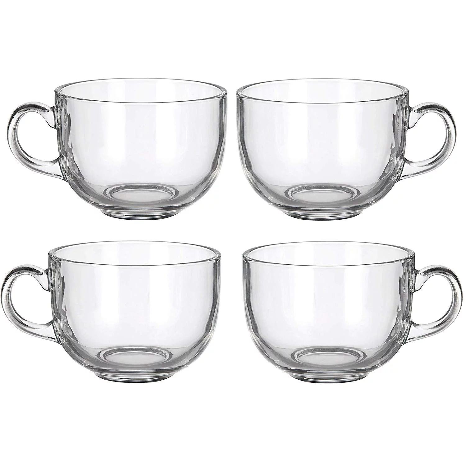 Set of 4 Large 16oz Glass Wide Mouth Coffee Mug Tea Cup With Handle