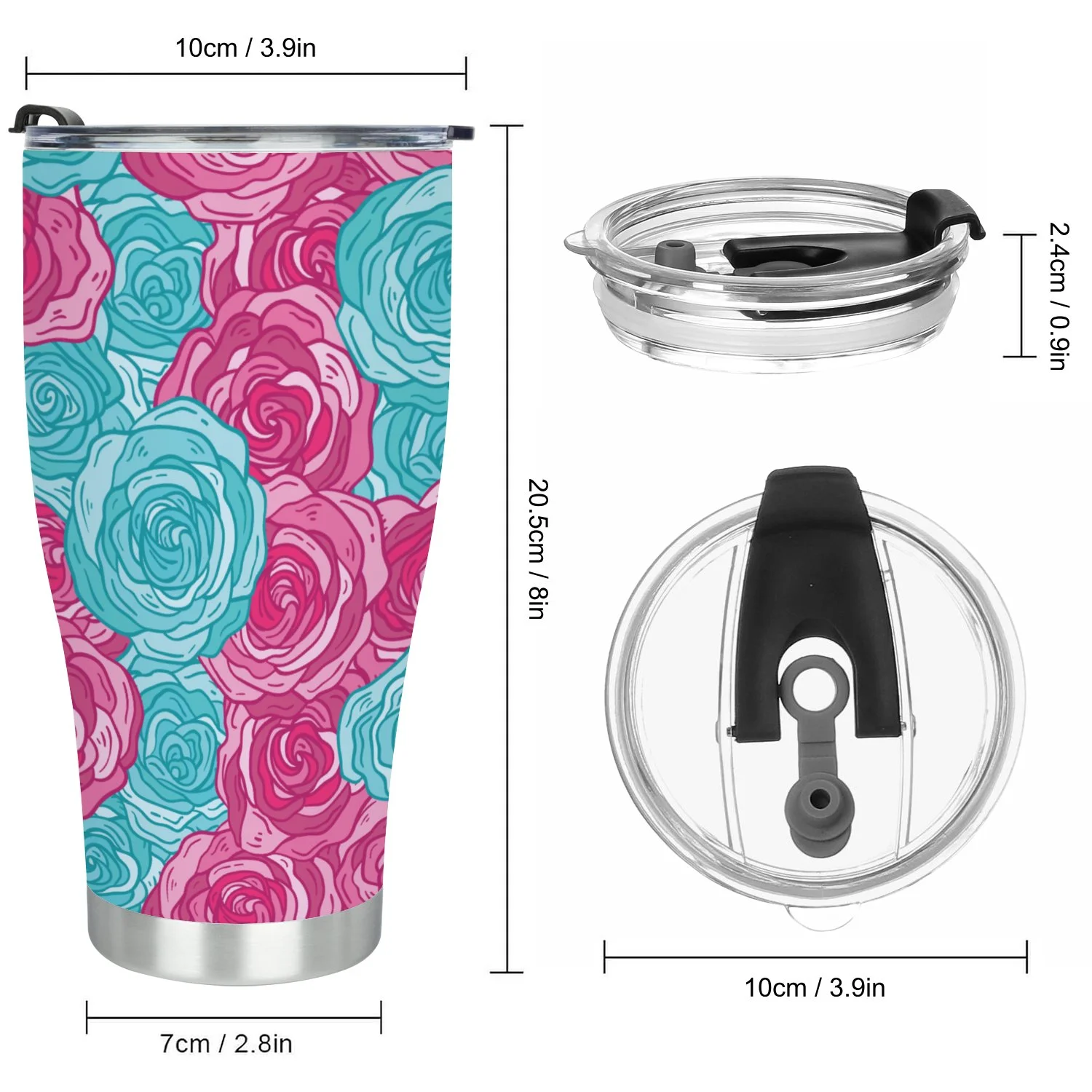 Hidove Stainless Steel Tumbler, Pink and Blue Roses Seamless Pattern 30oz Leak Proof & Stainless Steel Bottle for Hot & Cold Drinks - Coffee Travel Mug, Water Metal Canteen, Thermal Cup