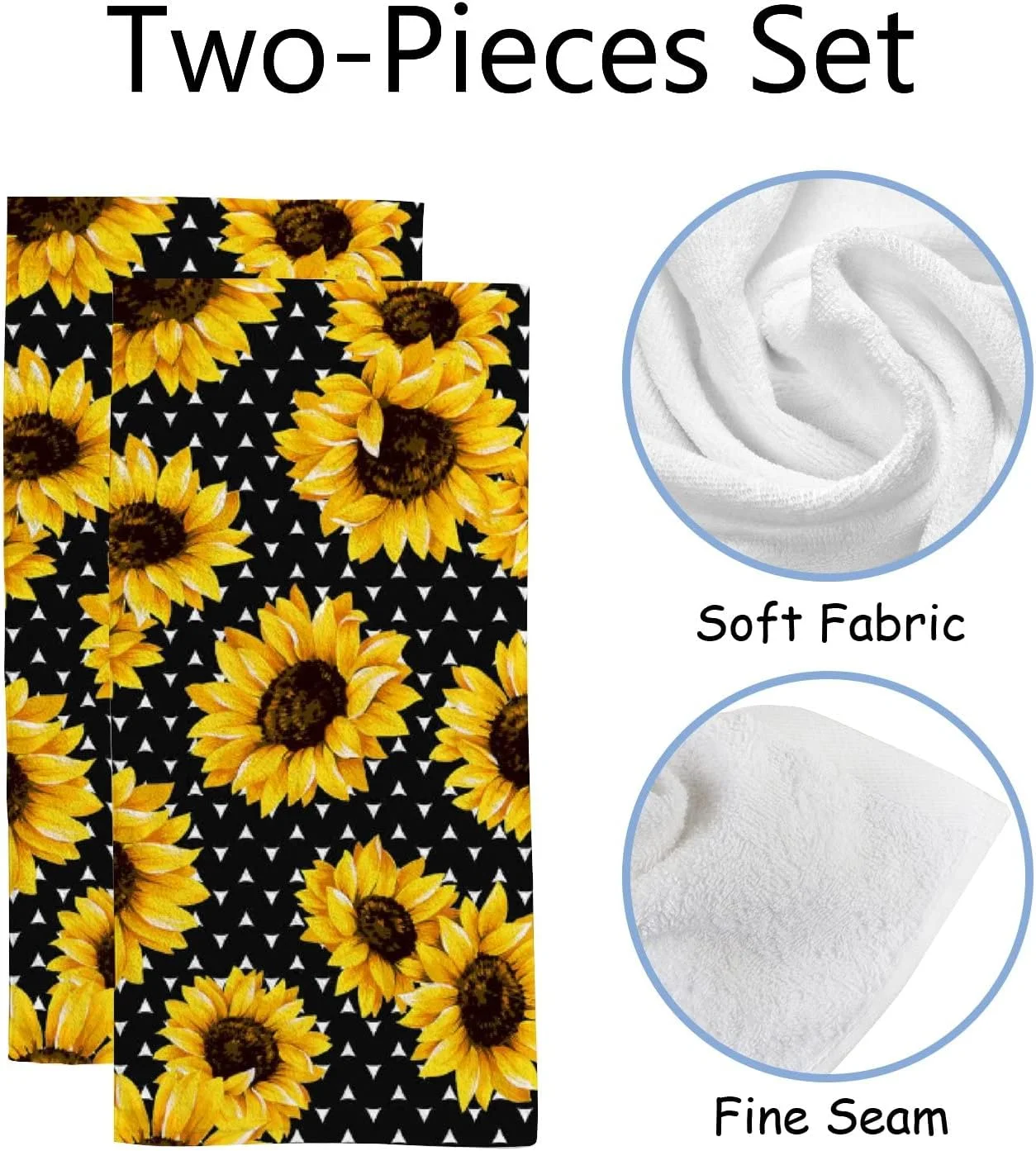 Wellsay Bath Hand Kitchen Towels Sunflower Black Face Towel Washcloth 2 Pack Soft Quick Dry Super Absorbent Bathroom