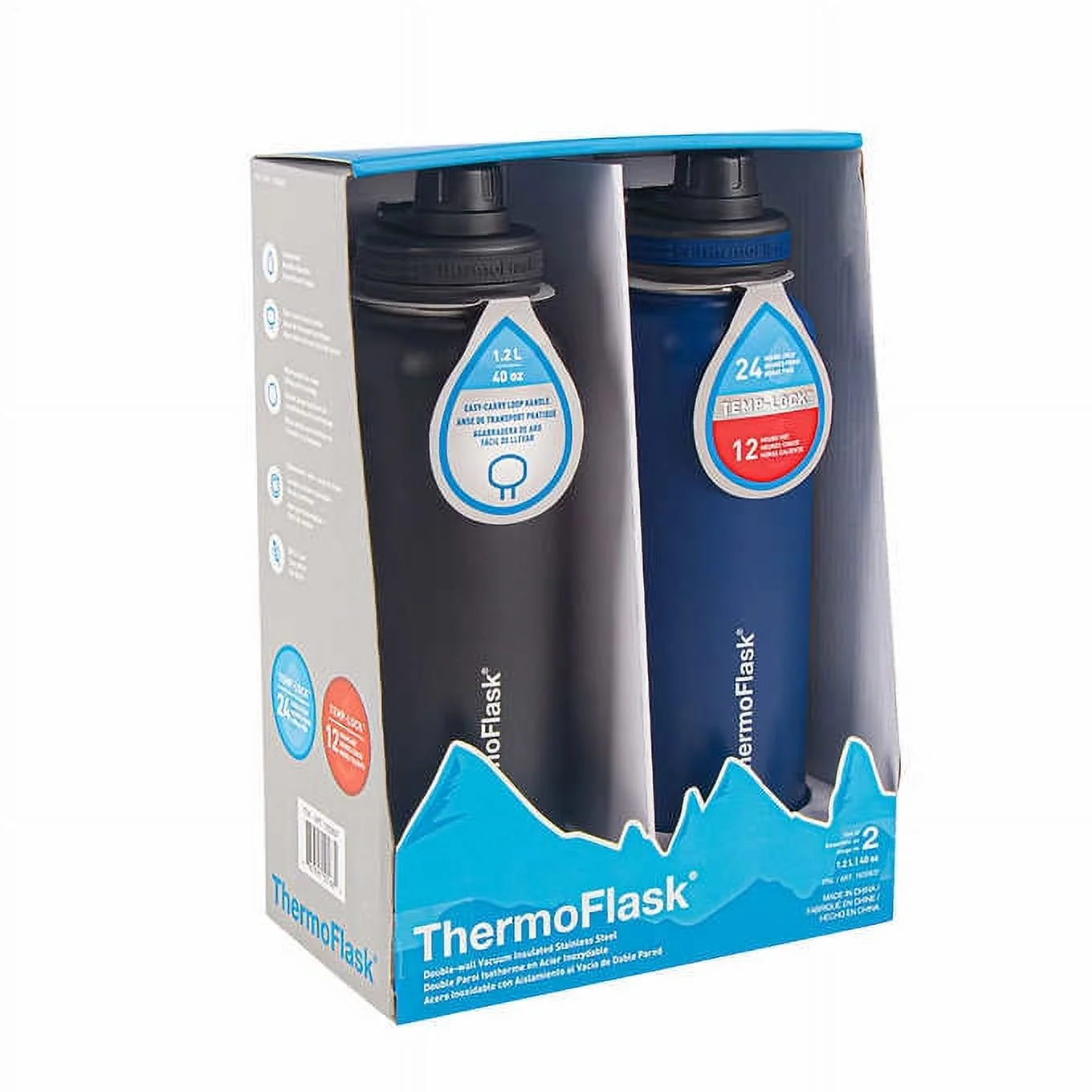 ThermoFlask 40oz Stainless Steel Water Bottle, 2-pack.18/8 Food Grade Stainless Steel. 40oz