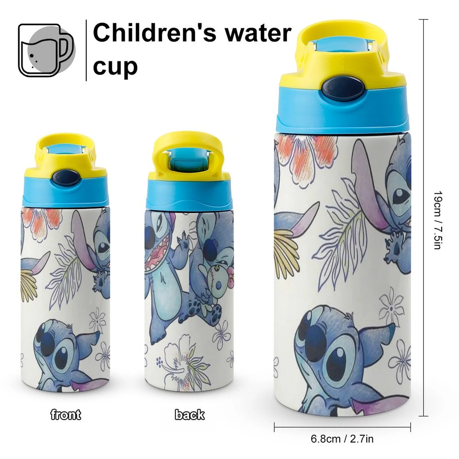 Smile Stitch Children's Water Bottle Vacuum Insulated Stainless Steel Cup With Straw Toddler Thermoses