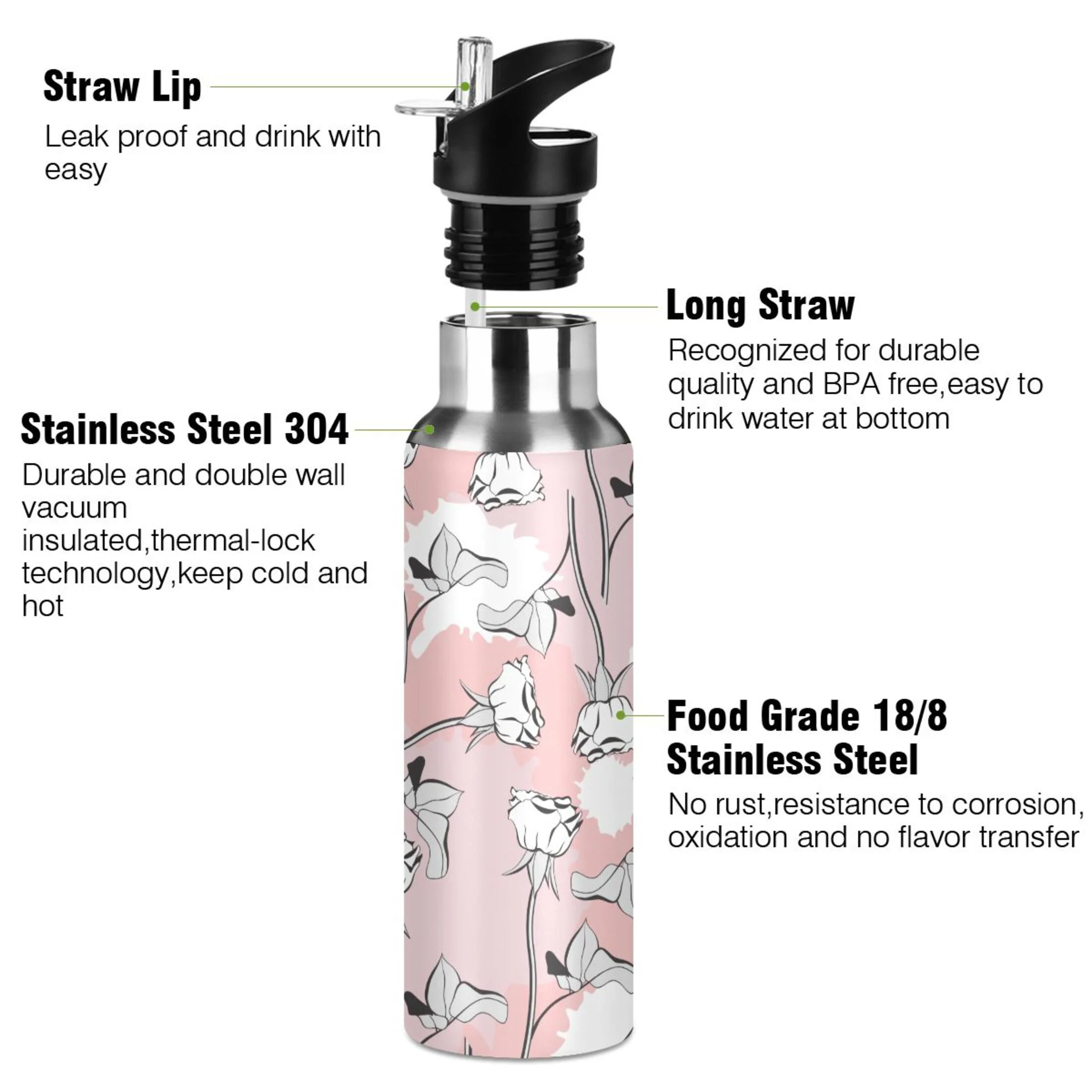 Abstract Roses Flowers Water Bottles Insulated Thermos Kids Stainless Steel Bottle with Straw Lid Flask Leakproof for Sports Gym 20 oz
