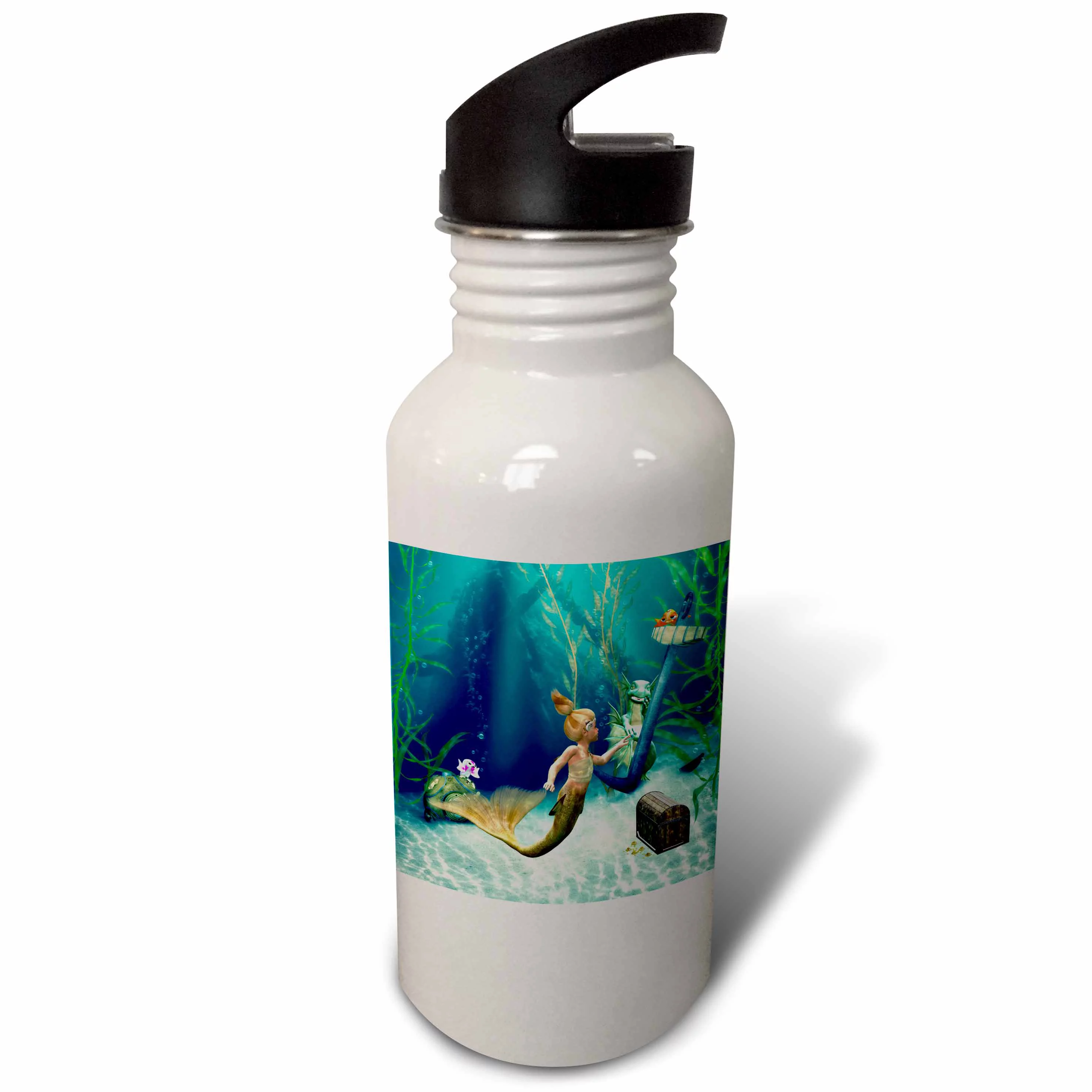 A mermaid in the sea playing with the water dragon and toon fishes 21 oz Sports Water Bottle wb-181773-1