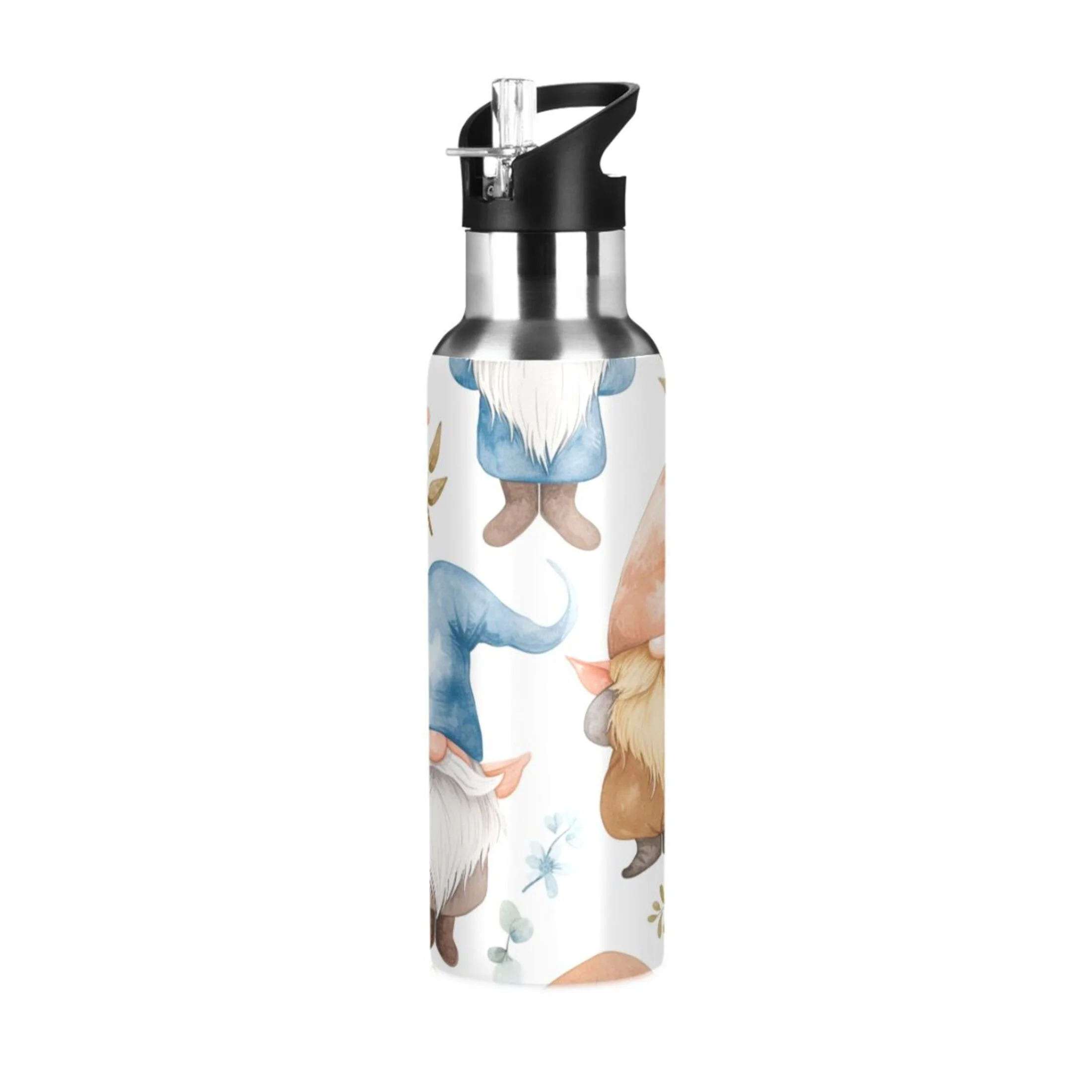 Gnomes Christmas Floral Water Bottles Insulated Thermos Kids Stainless Steel Bottle with Straw Lid Flask Leakproof for Sports Gym 20 oz